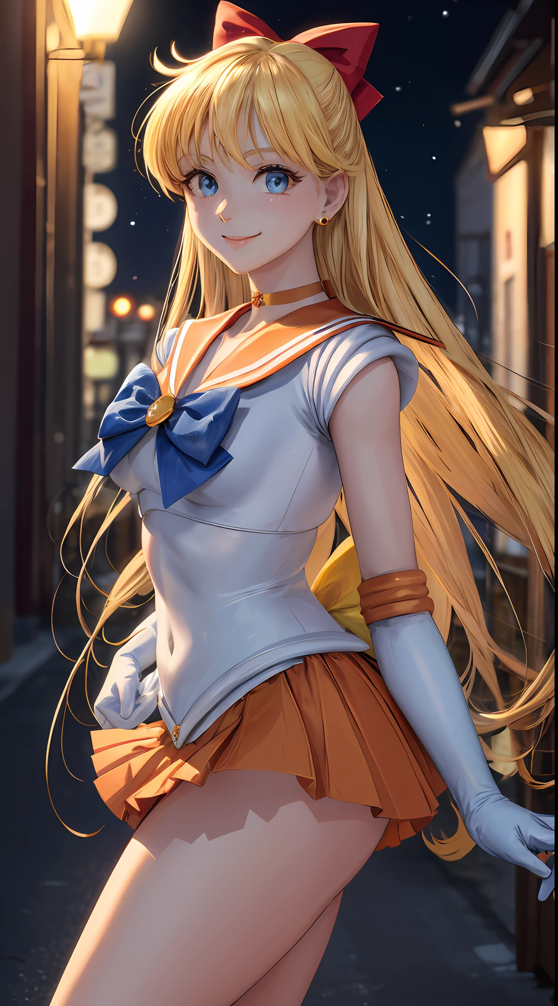 Masterpiece, Best Quality, High Resolution, Venus1, 1Girl, Solo, Sailor Warrior Uniform, Sailor Venus, Minako Aino, Blonde, Magical Girl, Blue Eyes, Orange Skirt, Elbow Gloves, Headgear, Pleated Skirt, Bow, Orange Sailor Collar, Mini Skirt, Choker, Red Bow, Orange Choker, White Glove, Extra Long Hair, Jewelry, Earrings, Cowboy Gun, Smile, Outdoor, Street