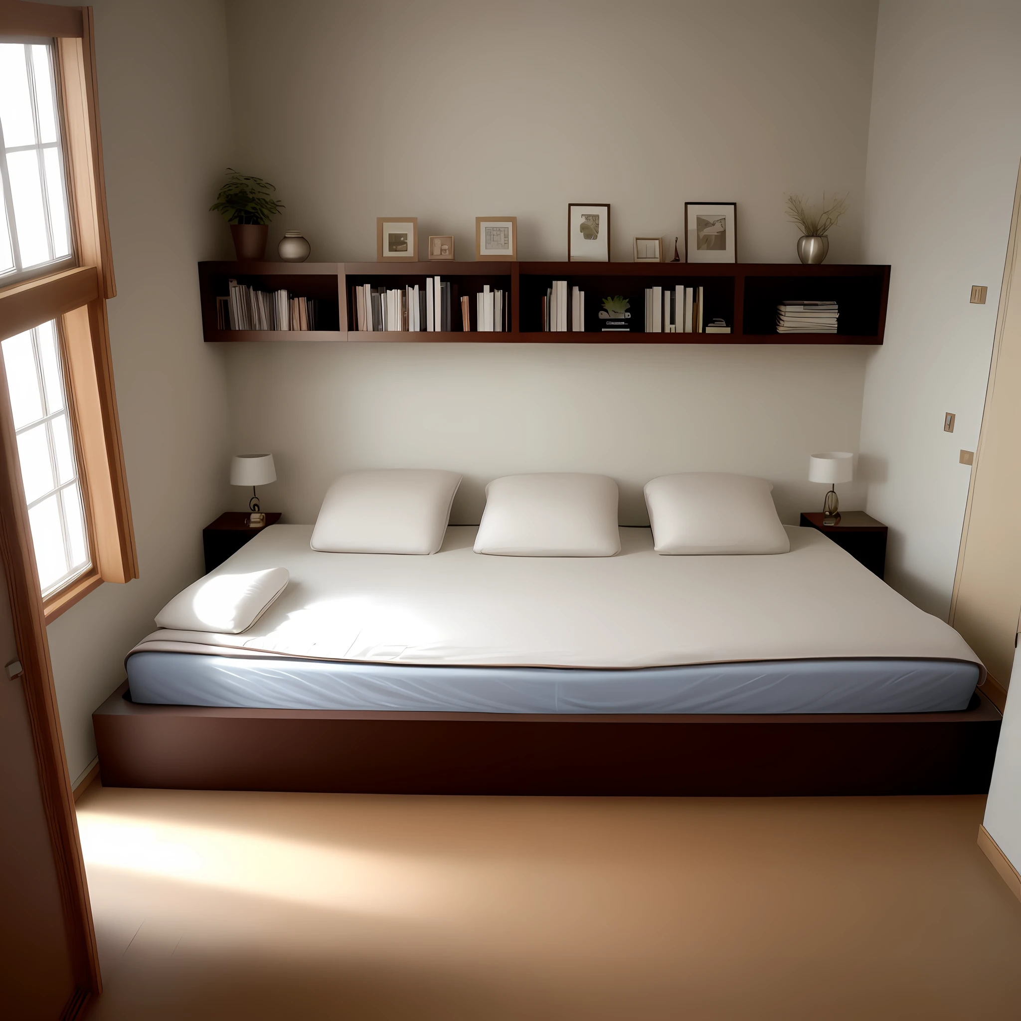 Bedroom space, Comfortable mattress, Italian minimalist leather bed, cozy, Realistic scenarios