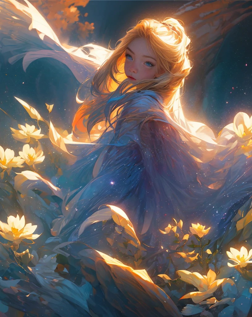 (best quality, masterpiece), 1girl, pose, particle, wind, flower, upper body, simple background, looking at viewer, blonde, galaxy,backlit,rimlight