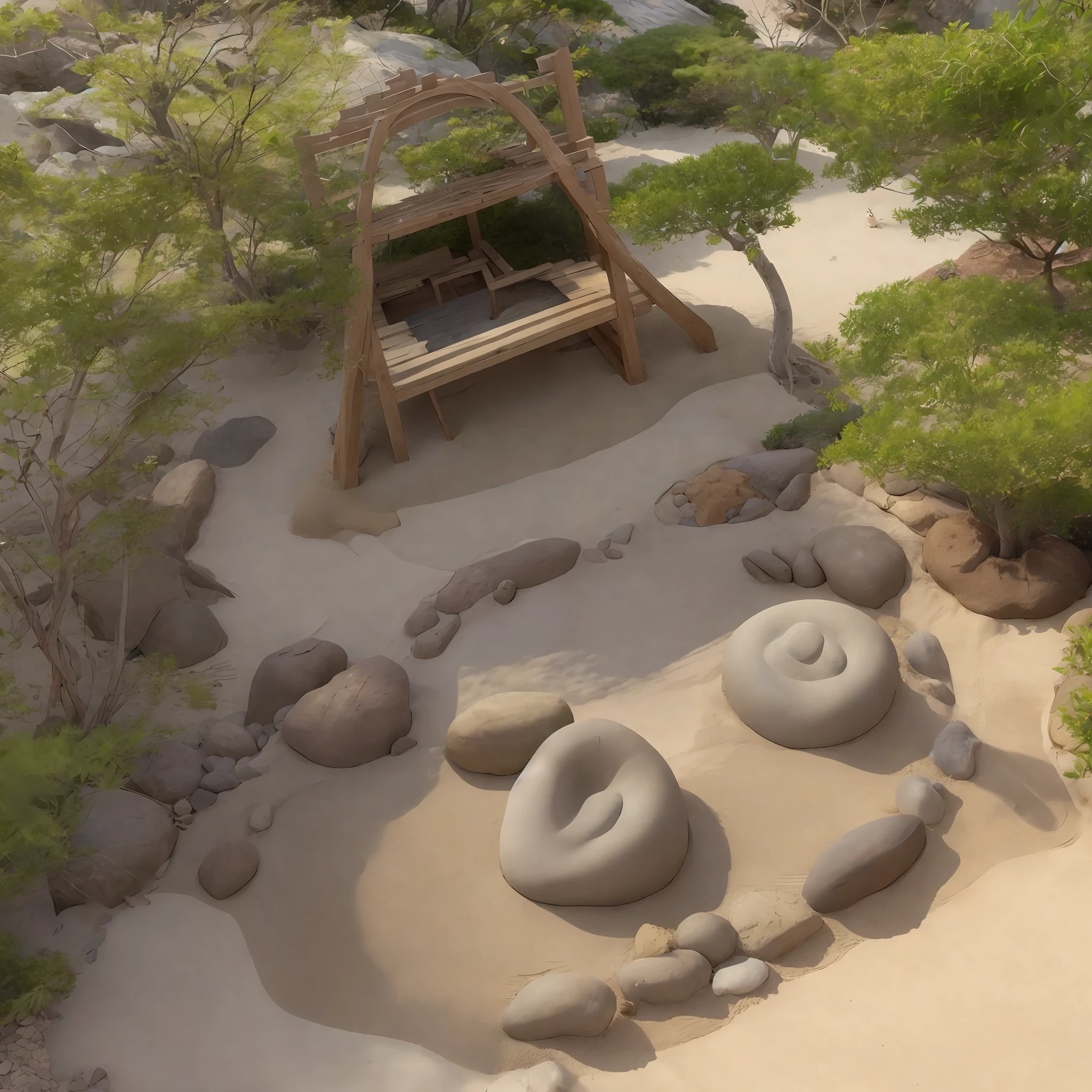 sand zen garden, anthill, rake design, peaceful, Japanese style