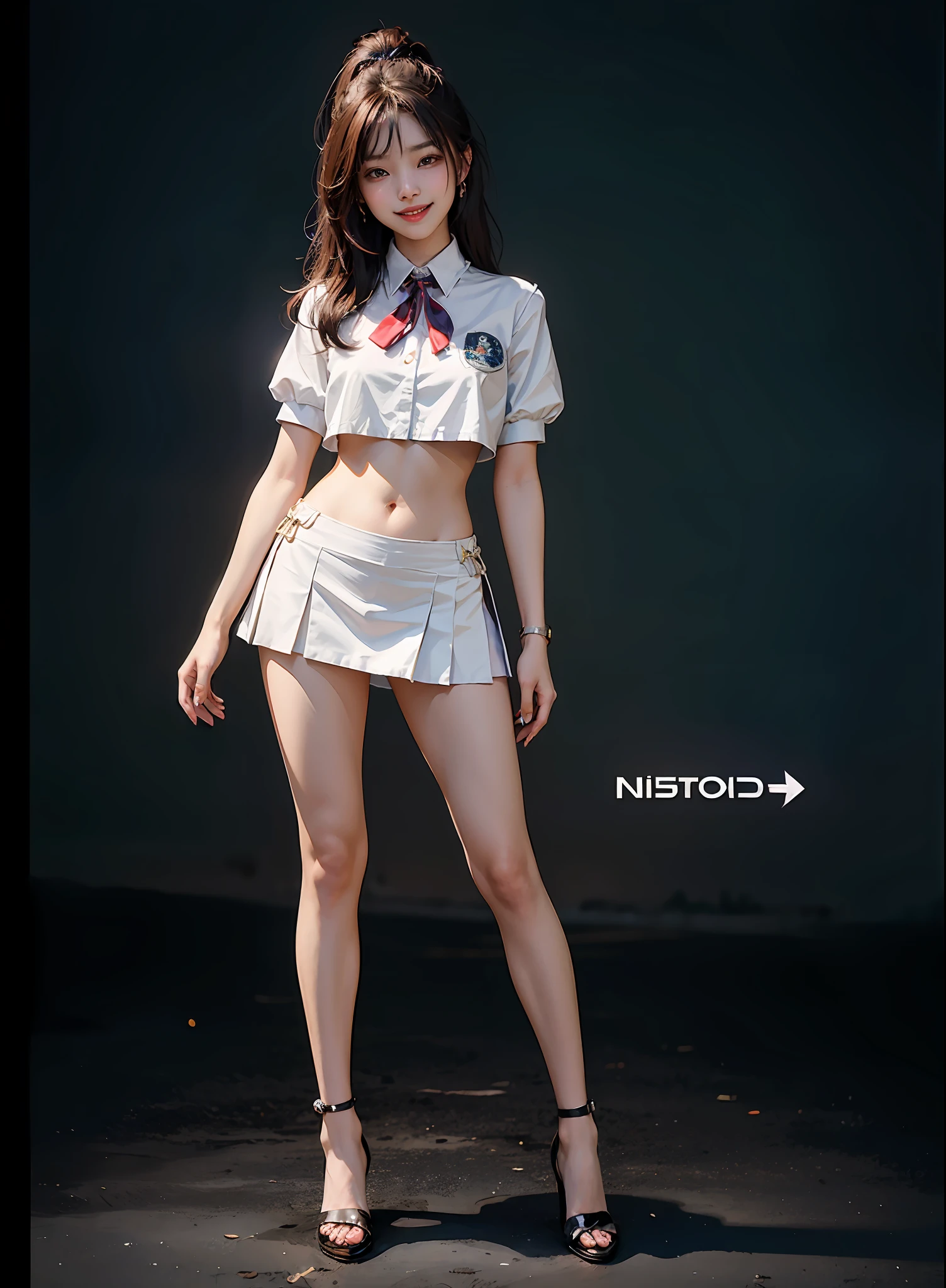 Full Body Shop, (Best Quality,Korean Girl,Smile,Sexy Body,Official Art), Desirable,Desirable Smile, Unity 8K Wallpapers, Very detailed, Beautiful and aesthetic, Professional lighting, (AF-S nikkor 58mm f/ 1.4G lens,Top shadow),Evil smile,School uniform,School,