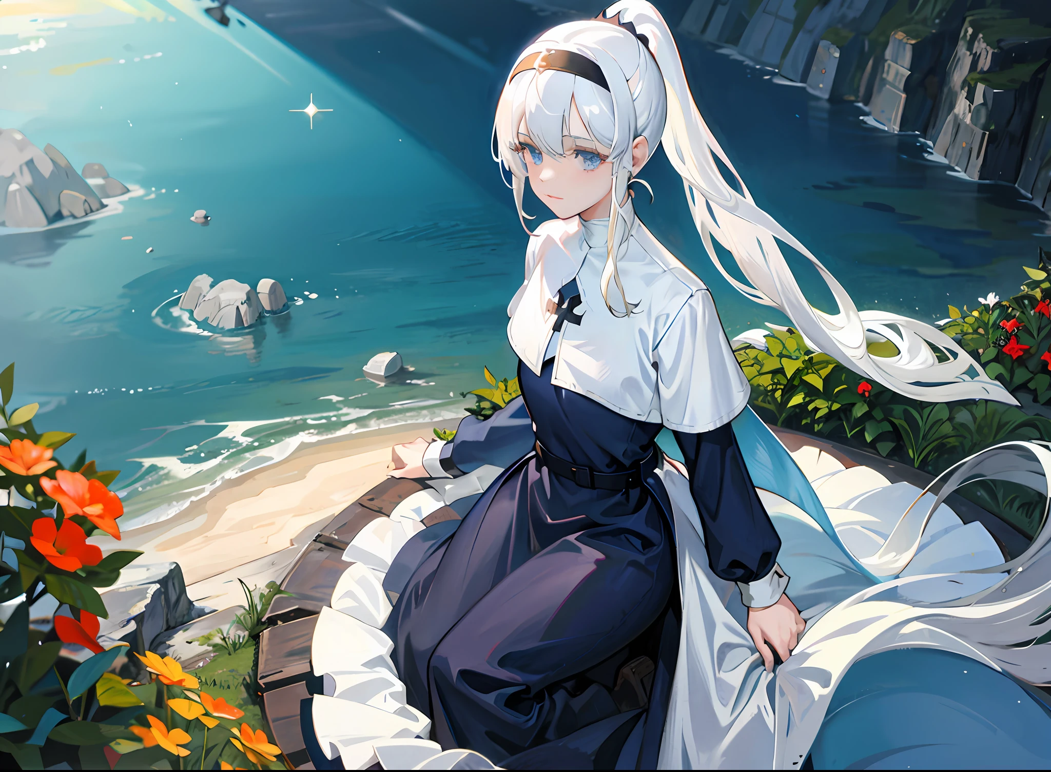 The nun knight looked at the lake on the top of the cliff, light and small amount of armor, very detailed, white hair and high ponytail,