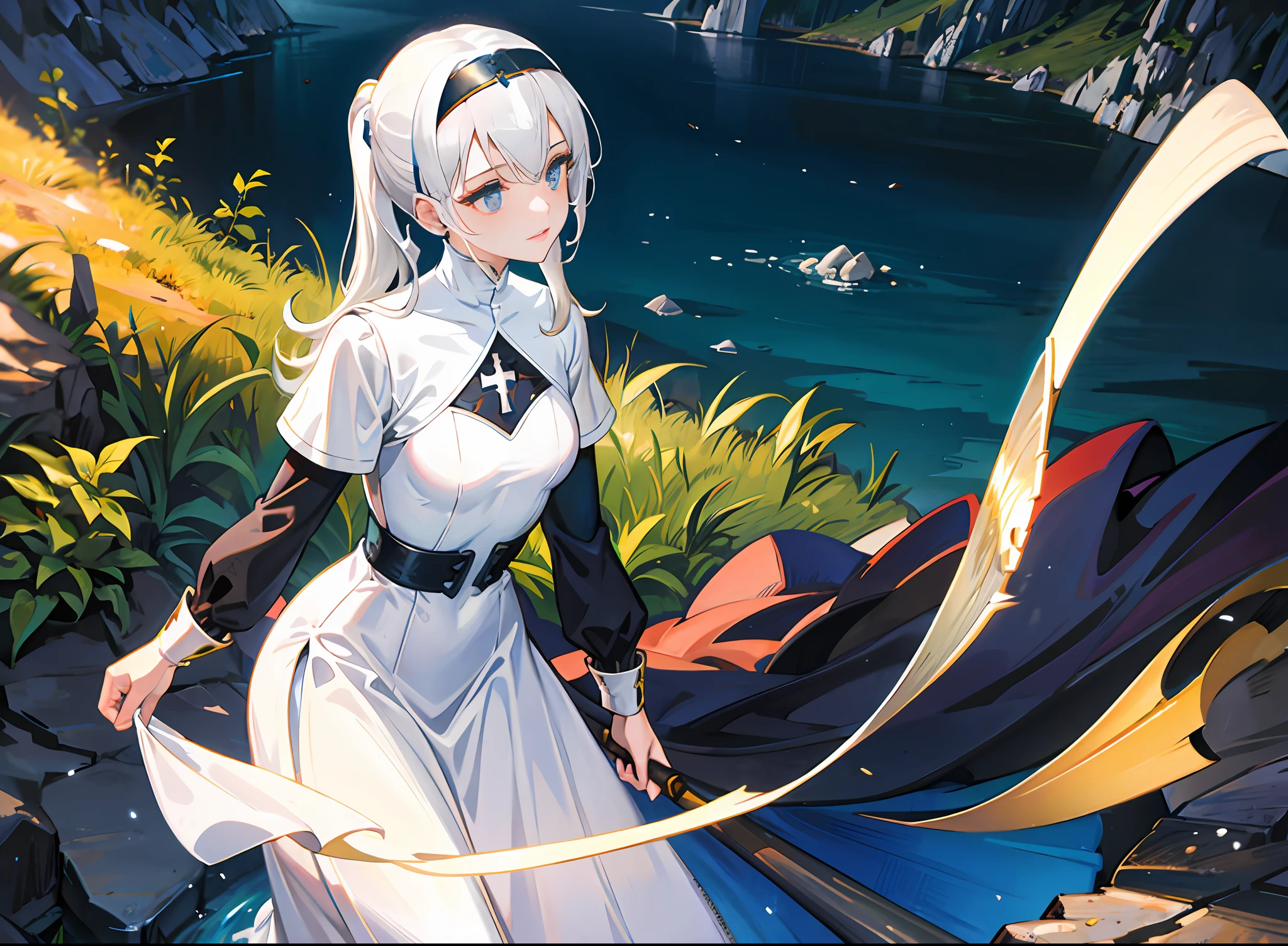 The nun knight looked at the lake on the top of the cliff, light and small amount of armor, very detailed, white hair and high ponytail,