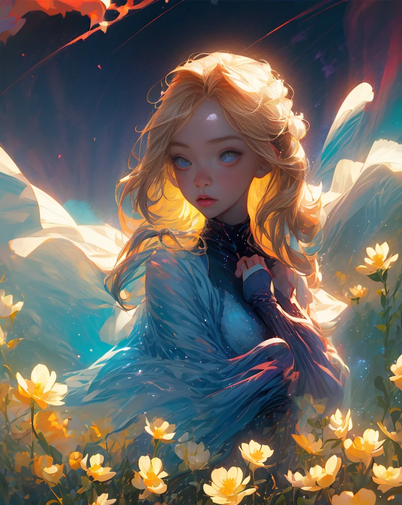 (best quality, masterpiece), 1girl, pose, particle, wind, flower, upper body, simple background, looking at viewer, blonde, galaxy,backlit,rimlight
