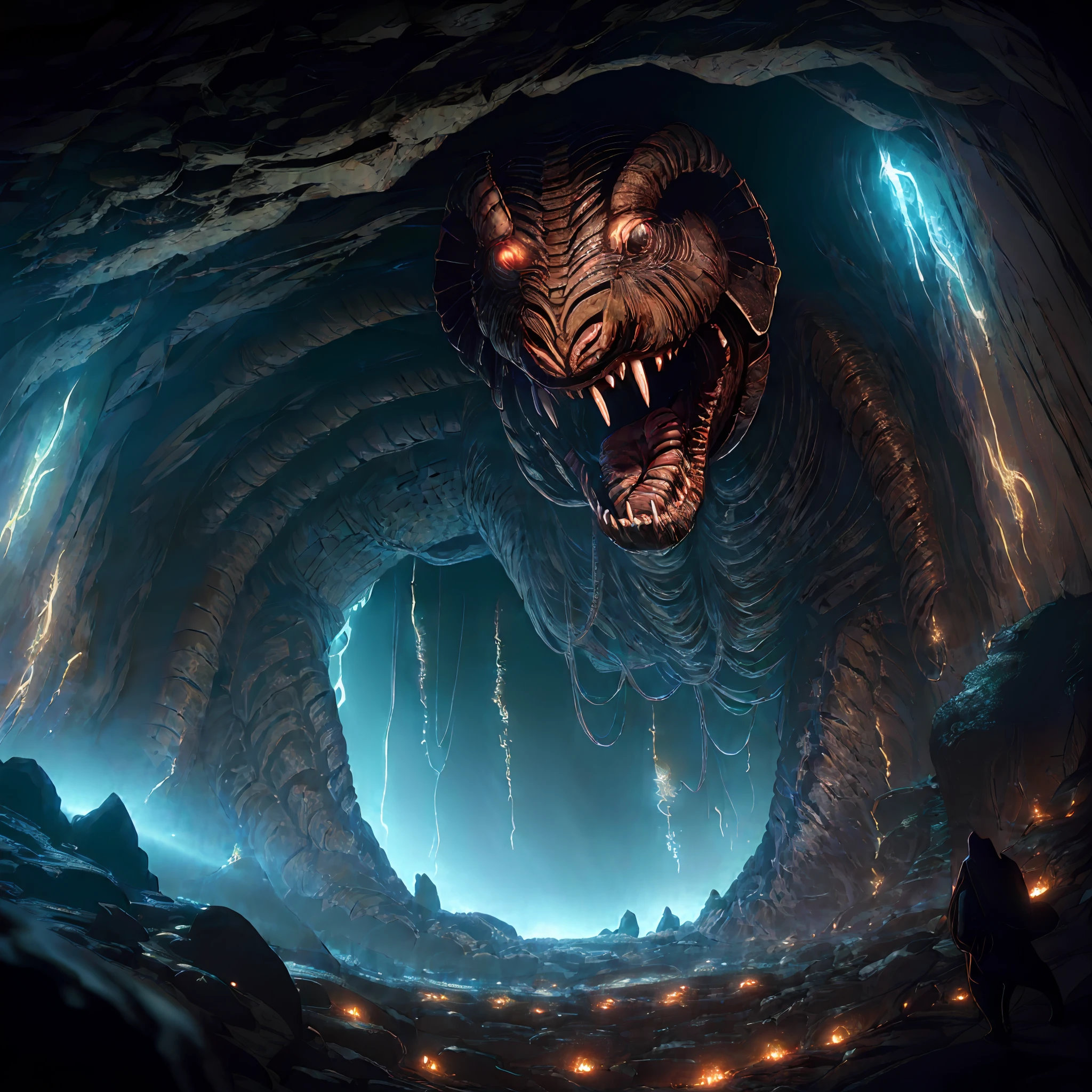 A very long and large worm with the face of a demigorgon bears its demigorgon-like mouth in a deep mysterious cave containing archaeological secrets, dark atmosphere, atmospheric lighting, cinematic lighting, best angle, ultra-detailed, intricate, dynamic angle, masterpiece, (scene lit by glowing ancient runes)=1.4,looking at viewer, fisheye lens