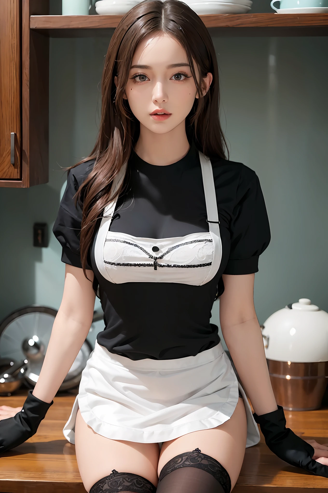 (hyperrealistic), (illustration), (high resolution), (8K), (extremely detailed), (best illustration), (beautiful detailed eyes), (best quality), (super detailed), (masterpiece), (wallpaper), (detailed face), solo, (dynamic pose), 1 girl, white wavy hair in the kitchen, korean, heterochromic eyes, small moles under the eyes, ((apron)), big breasts, long legs, tightens abs, (camel toes), (black stockings), (no panties), (no bra)