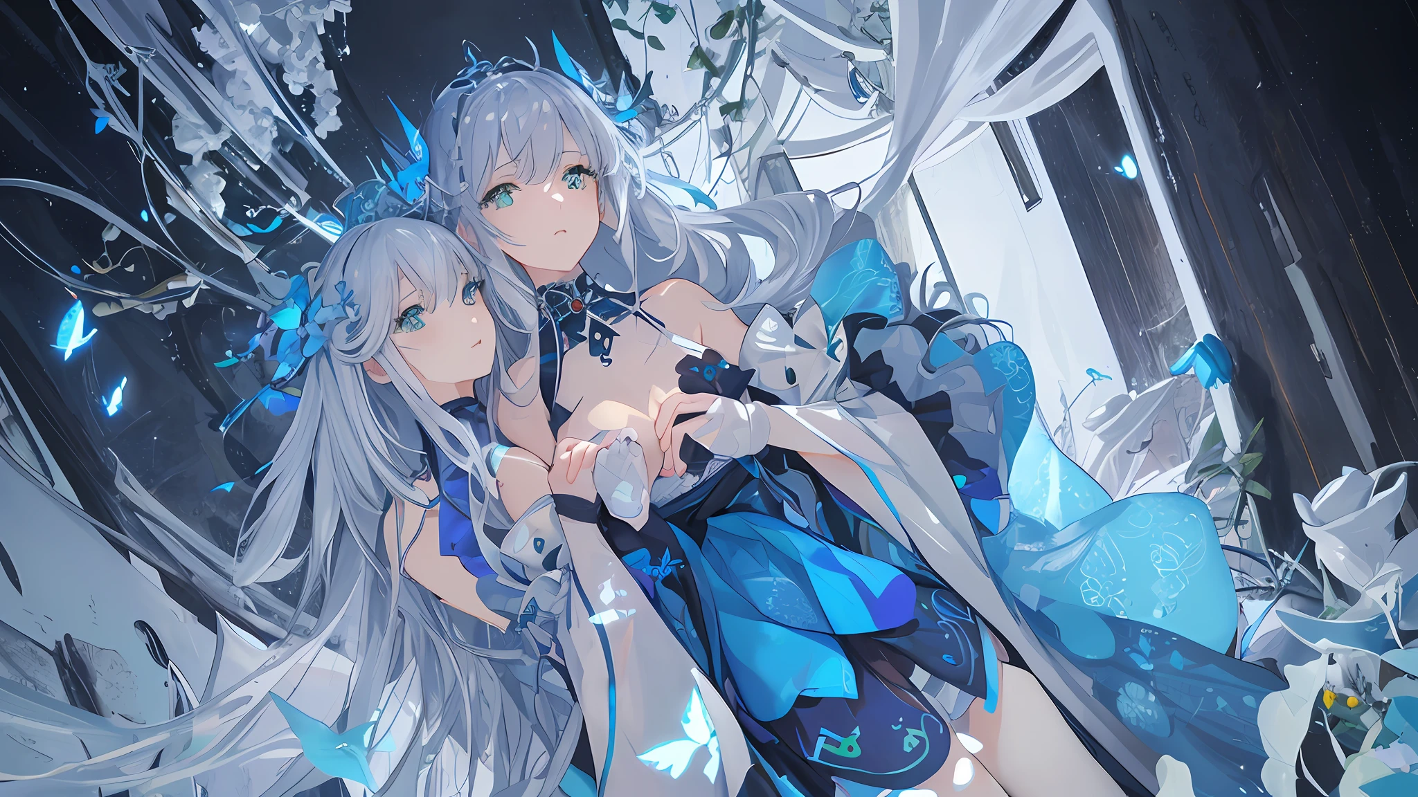 (Overhead view),dynamic angle,ultra-detailed, illustration, close-up, straight on, 1girl, (fantasy:1.4), (azure green eyes:1.233),Her eyes shone like dreamy stars,(glowing eyes:1.233),(beautiful and detailed eyes:1.1),(Silver hair:1.14),(messy hair,very long hair,french braid,hair between eyes,sidelocks), (+(bule hair flower:1.14)),(chiffon dress,bule flower pattern in uniform)/=(military uniform:1.24),(detached sleeves,wide sleeves),(fingerless gloves),choker,(miko thighhighs),High heeled boots,(expressionless,closed mouth),(standing), (classical Princess boudoir with dressing tableand french windowin a white ancient palaces),(white flowers,bloom),(abysmal sea),(flowing water),(a dull blue world tree:1.14),(ruins),(night:1.2),dreamy,soul,(fluorescence),(flying translucent blue butterflies:1.15), [[delicate fingers and hands:0.55]::0.85],(detail fingers),(yubao:0.5),