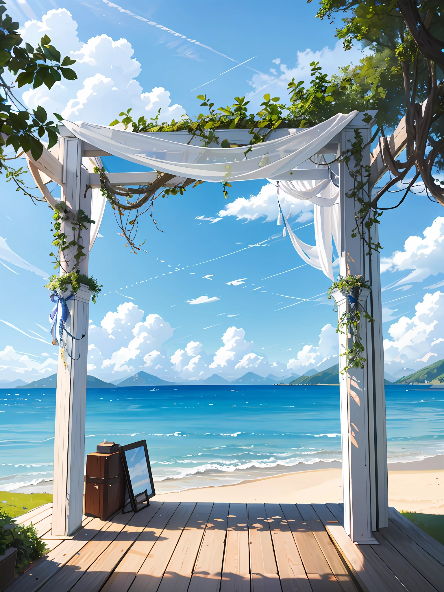 In summer, the vast seaside scenery, the blue gradient sea, the mountains and woods in the distance, the blue sky and white clouds