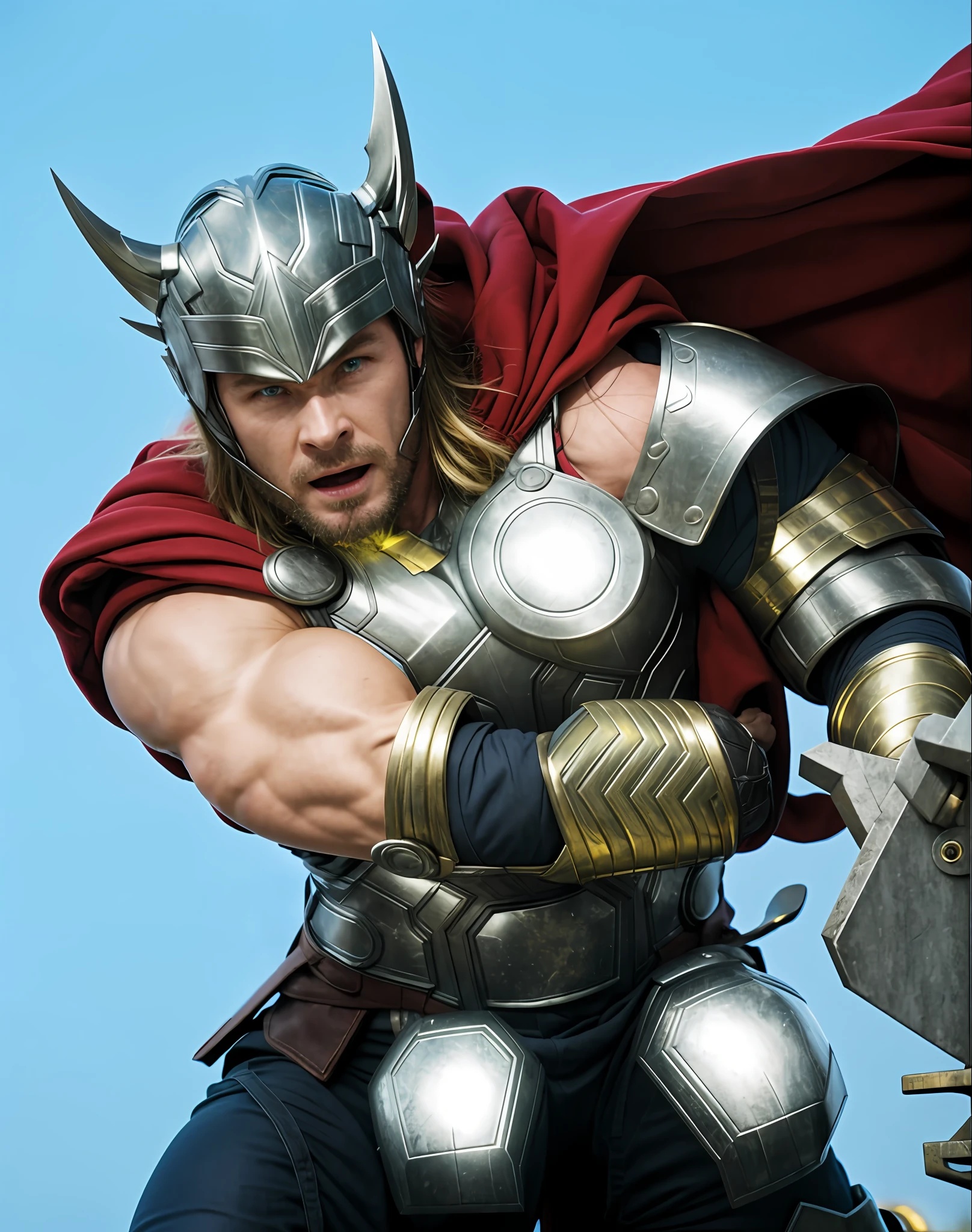 Chris Hemsworth, Thor, metallic armor, God of thunder, expression of fury.