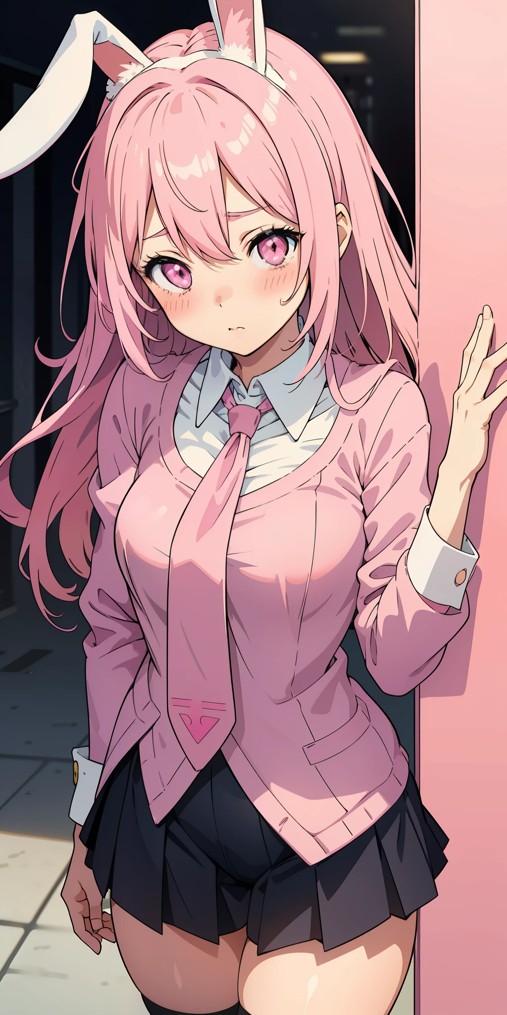 Anime girl with pink hair and bunny ears in pink tie, pink eyes, shy blush