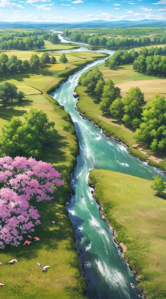 Flowers, grass, trees, wood, birds, rivers, sky