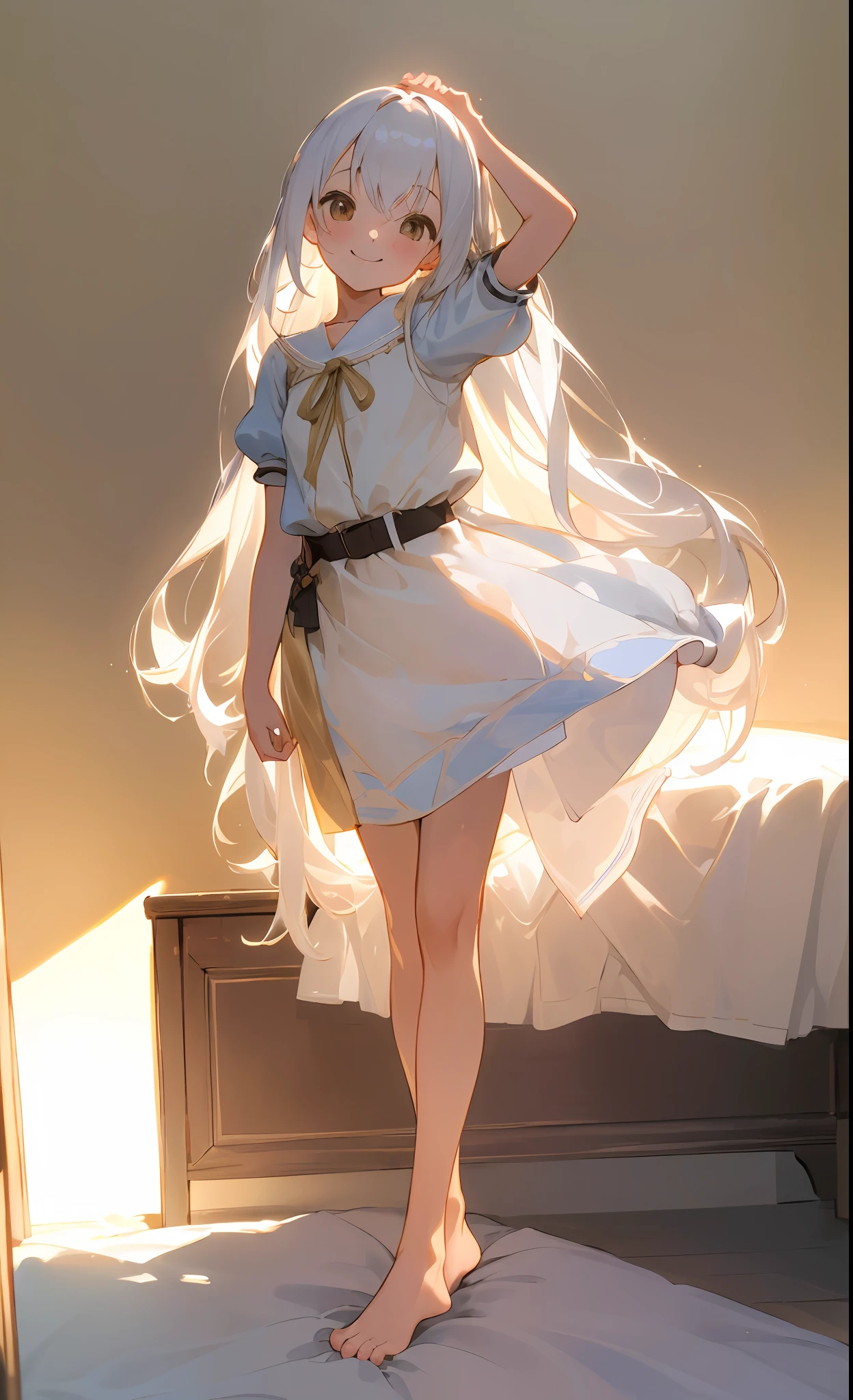 ((masterpiece,best quality)),1girl, solo, barefoot, knees up, skirt, short sleeves, looking at viewer, bedroom, very long hair, smiling, standing, white hair, puff sleeves, puff short sleeves , full body, white dress sun mottled sunshine day beam leg belt thin waist thin leg ribbon