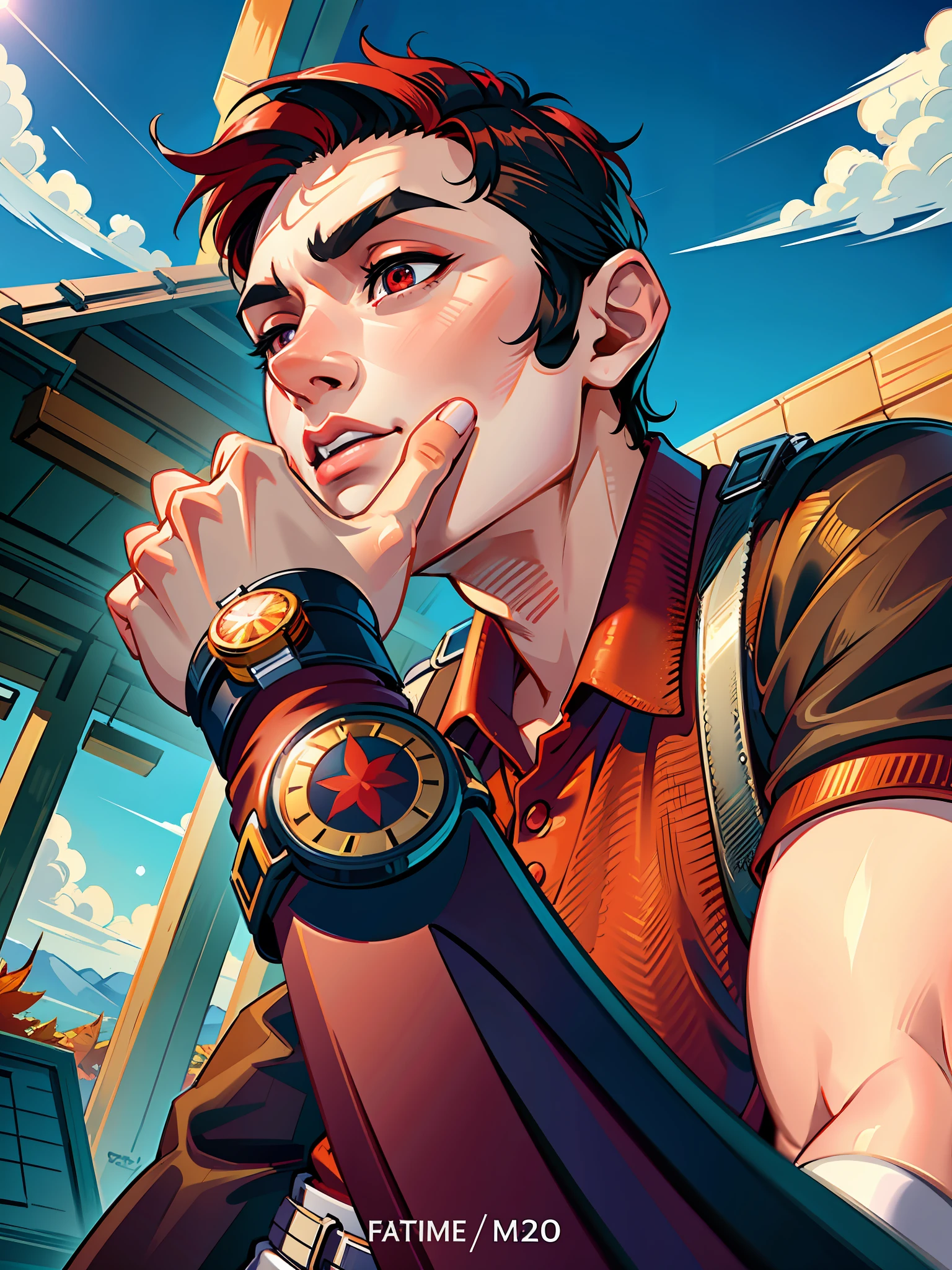 (masterpiece),(best quality:1.0), (ultra highres:1.0), detailed illustration, 8k, anime, 1boy, anime boy, wearing a red polo shirt, detailed face, perfect face, anime eyes, detailed eyes, dark red eyes, highlights in eyes, wrist watch, detailed hair, highlights in hair, red maple leaves, autumn, highly detailed, anime style, vibrant