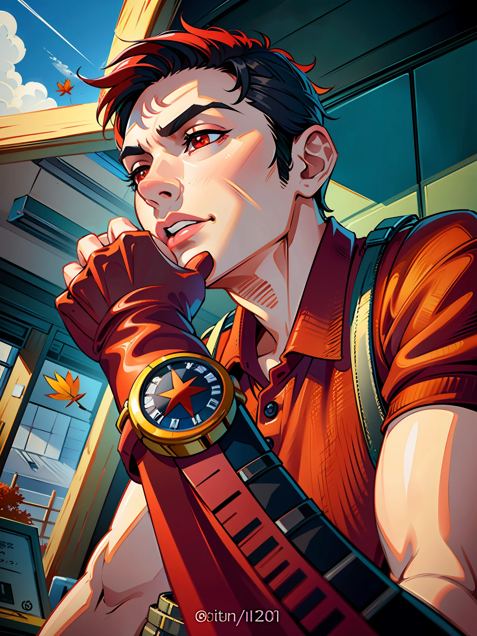 (masterpiece),(best quality:1.0), (ultra highres:1.0), detailed illustration, 8k, anime, 1boy, anime boy, wearing a red polo shirt, detailed face, perfect face, anime eyes, detailed eyes, dark red eyes, highlights in eyes, wrist watch, detailed hair, highlights in hair, red maple leaves, autumn, highly detailed, anime style, vibrant