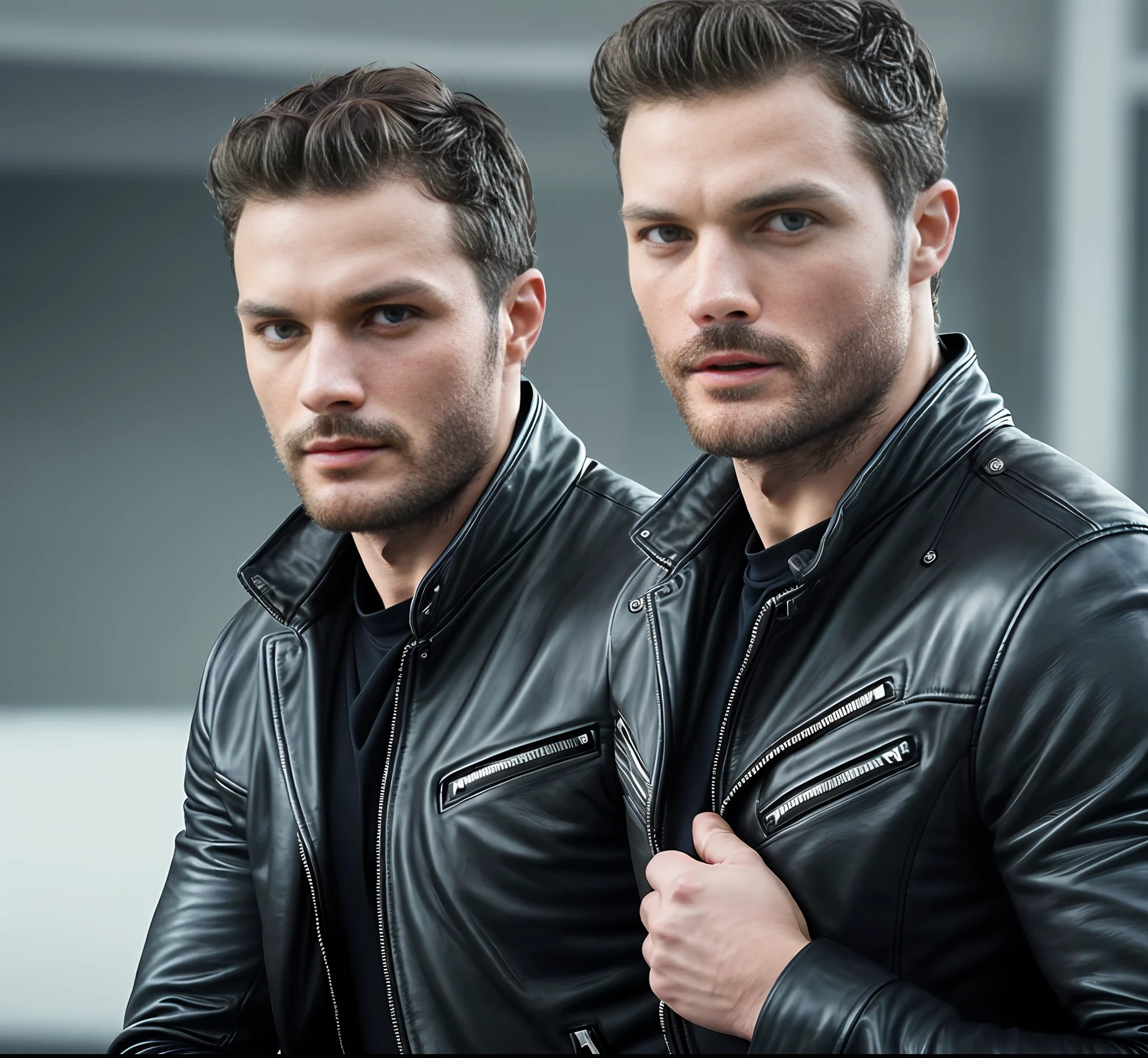 (Man riding a motorcycle), show bike, Wearing leather jacket, wearing glasses (Beard and attractive) movie scene, (Impeccable), tanned and healed body, Serious and elegant man, Actor Jamie Dornan, with thick male eyebrows, secret agent 007 man style, (with mysterious and serious face,) short dark hair, elegant and elegant, body fit and strong fit in suit, Man similar to actor Jamie Dornan, ( high quality and realistic image), ((Best Quality, 8k, Masterpiece).
