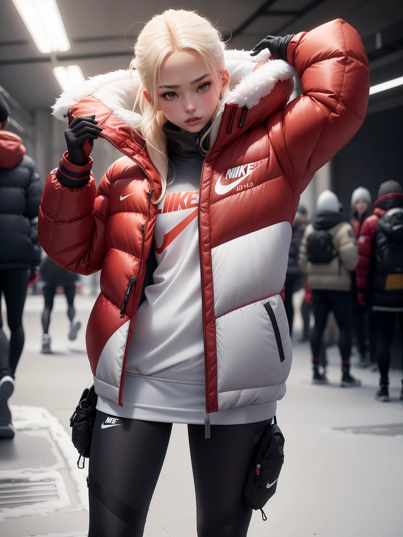 ((Red Down Jacket: 1.3) + (Fashion: 1.1) + (New Trend: 1.2)), (Nike Logo), (Corona Rendering), ((Winter Down Jacket Concept + Concept Art Design): 1.3), (8K: 1.3), (2:3 Aspect Ratio + Warm Q2), (750 pixels), ((Fashion Elements) :(1.1+ Down Jacket Fusion with Fashion Elements)), (Dynamics: 5)