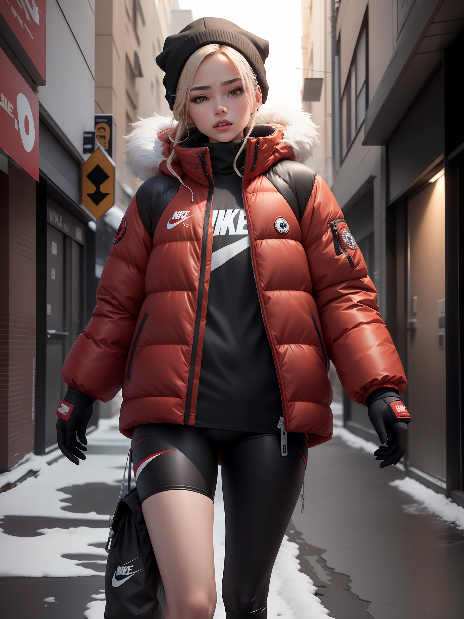 ((Red Down Jacket: 1.3) + (Fashion: 1.1) + (New Trend: 1.2)), (Nike Logo), (Corona Rendering), ((Winter Down Jacket Concept + Concept Art Design): 1.3), (8K: 1.3), (2:3 Aspect Ratio + Warm Q2), (750 pixels), ((Fashion Elements) :(1.1+ Down Jacket Fusion with Fashion Elements)), (Dynamics: 5)