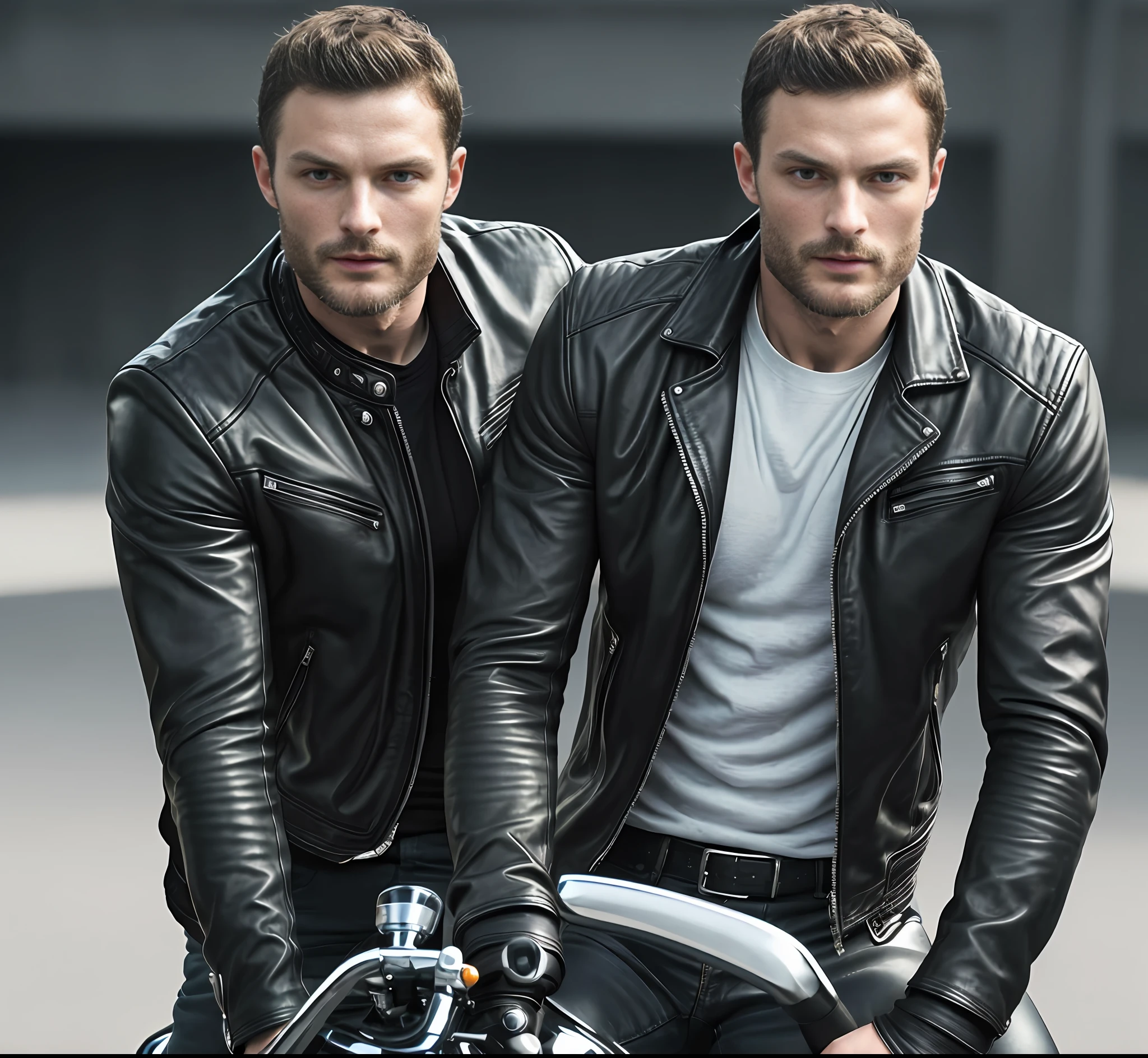 (Man riding a motorcycle), show bike, Wearing leather jacket, wearing glasses (Beard and attractive) movie scene, (Impeccable), tanned and healed body, Serious and elegant man, Actor Jamie Dornan, with thick male eyebrows, secret agent 007 man style, (with mysterious and serious face,) short dark hair, elegant and elegant, body fit and strong fit in suit,   Man similar to actor Jamie Dornan, ( high quality and realistic image), ((Best Quality, 8k, Masterpiece).