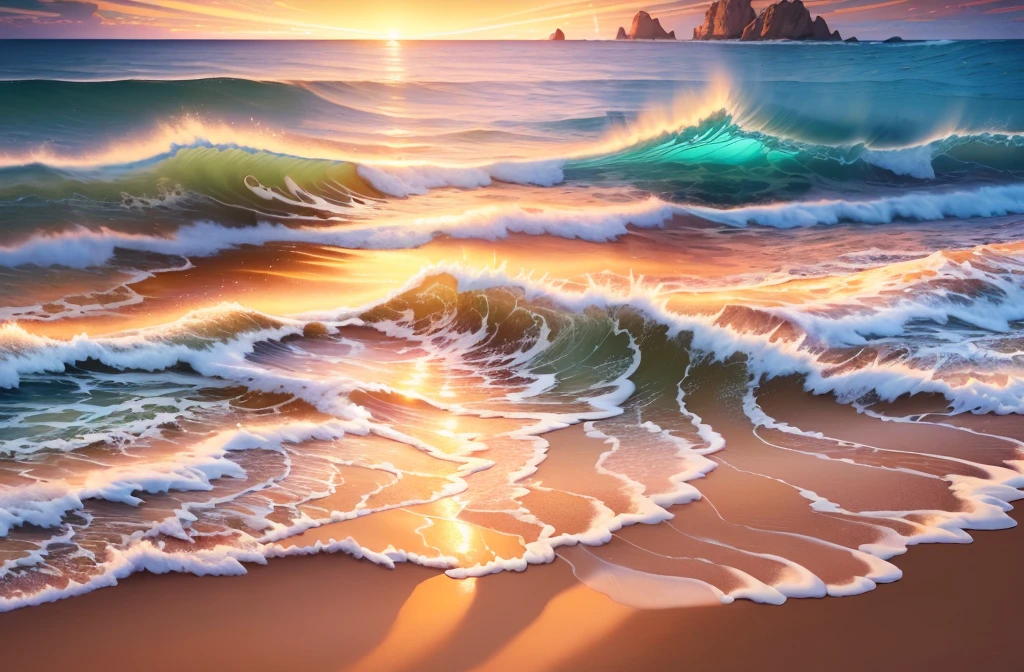 landscape,beach with sunset background, detailed cover illustration, amazing wallpaper, sky full of color, highly detailed digital art, wave detail, chiaroscuro, cinematic lighting, god ray, diffraction spike, f/16, perspective, chiaroscuro, cinematic lighting, glitter, ray tracing, high detail, carl larsson, ultra wide angle, masterpiece, award-winning, high quality, high detail, super detail, best quality, 16k, high resolution