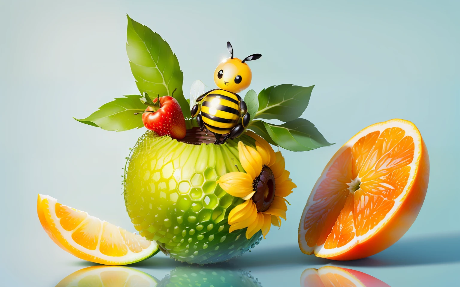 A cute bee formed by various fruits and vegetables, real, hd