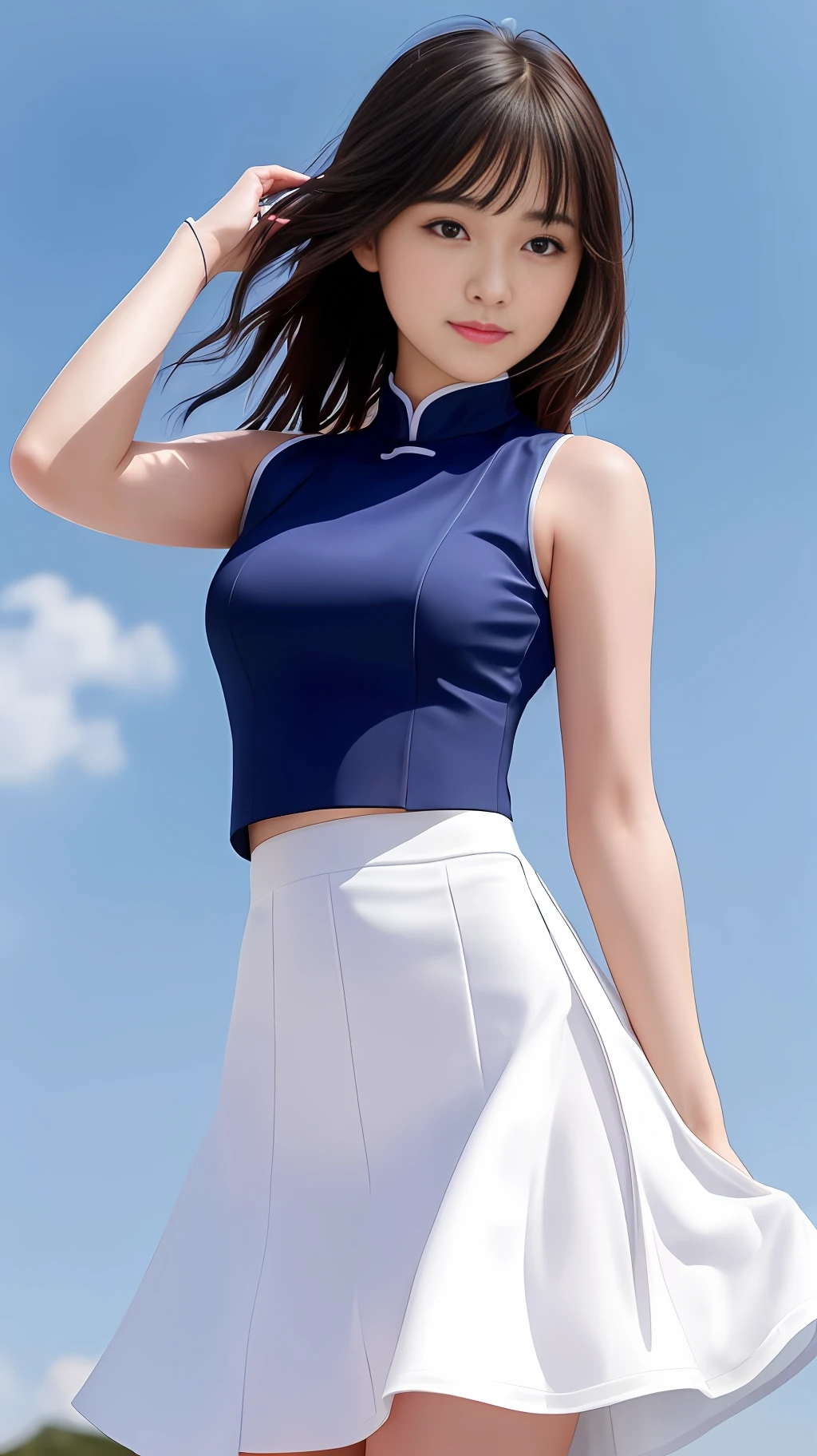Very wide range of shots, 8k, (best quality), (masterpiece: 1.2), (original photo: 1.2), (realistic: 1.4), intricate details, CG illustration, HDR, super high pixels, amazing, raw, professional light, soft light, realistic, ultra-realistic textures of human skin, radiance, physically based rendering, 1 girl, (Chinese doll: 1.3), full body, cute, glowing eyes, medium, extremely detailed face and eyes, (reserved smile : 1.2), (shiny skin + shiny skin: 1.4), (slim), (sweating: 1.2), (hair fluttering in the wind: 1.5), (off-the-shoulder vest skirt), (sun exposure: 1.1), (
Blue sky background: 1.4), ((Under 20|20-year-old young girl|real woman)), looking at the audience,