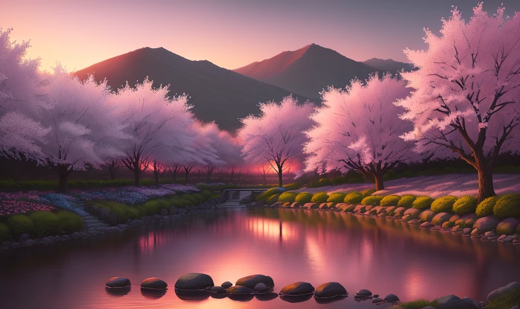 in the cherry blossom garden, authentic sunset, authentic landscape, intricate details, extremely detailed, cinematic style, slate-gray-blue atmosphere, drama, dramatic light, Alaina Lemmer, Todd Schorr