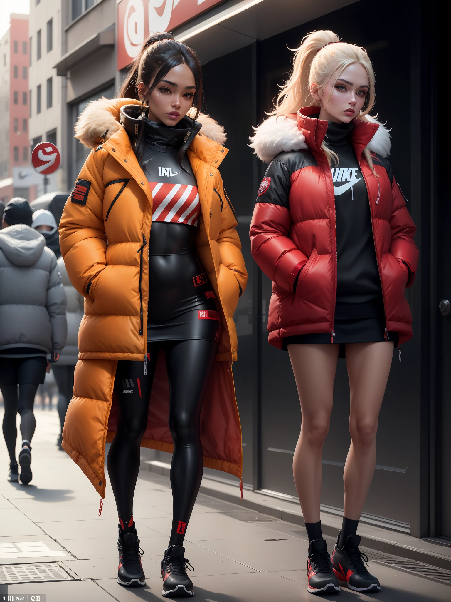 ((Red jacket: 1.3) + (Fashion: 1.1) + (Trendy: 1.2)), (Nike logo), (corona rendering), ((Winter down jacket concept + concept art design): 1.3), (8K: 1.3), (2:3 aspect ratio + warm color Q2), (750 pixels), ((fashion elements) :( 1.1 + down jacket blended with fashion elements)), (dynamic: 5)