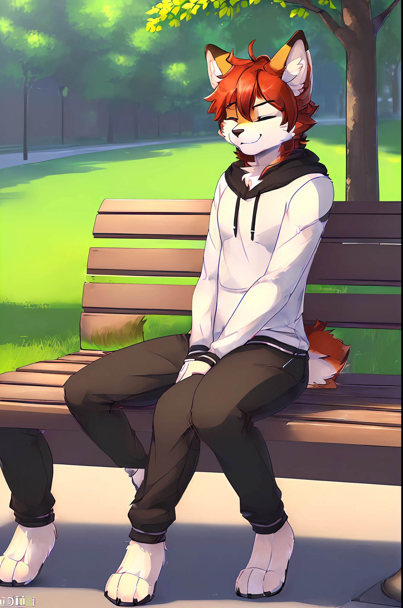 (furry art, Digital art, uploaded_on_e621:1.4, anthro furry:1.5), cat, male, furry, anthropomorphic, wearing casual clothes, alone, outside, in the park, sitting on the bench, focused, face and face and upper body, looking at the viewer, smiling with eyes closed (RTX lighting, Detailed)