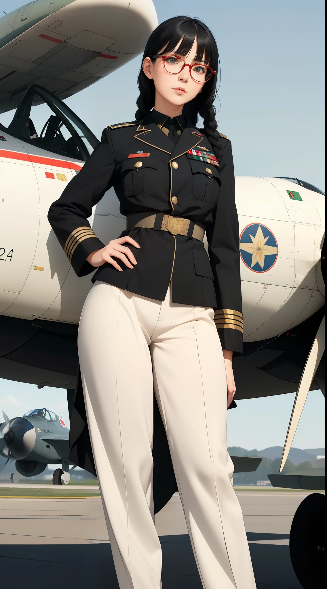 Modest outfit, remote shot, detailed beautiful delicate face, detailed beautiful delicate eyes, perfect facial proportions, high-definition skin, fine skin, four-inch best ratio. With one thumb, a masterpiece, highly detailed, realistic, (World War II German general uniform reference : 1.8), the highest face resolution, adult, modestly dressed woman, dressed entirely, ( small, black hair, black straight bangs, super fine braids, straight bangs, red glasses, dark green eyes), future, science fiction, fighter plane, standing On the landing of a fighter plane, the government agency, a deep intelligent personality, a calm expression, a respectful face, a war, a fighter plane