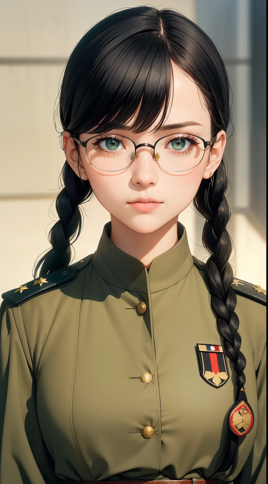 Modest outfit, remote shot, detailed beautiful delicate face, detailed beautiful delicate eyes, perfect facial proportions, high-definition skin, fine skin, four-inch best ratio. With one thumb, a masterpiece, highly detailed, realistic, (World War II German general uniform reference : 1.8), the highest face resolution, adult, modestly dressed woman, dressed entirely, ( small, black hair, black straight bangs, super fine braids, straight bangs, red glasses, dark green eyes), future, science fiction, fighter plane, standing On the landing of a fighter plane, the government agency, a deep intelligent personality, a calm expression, a respectful face, a war, a fighter plane