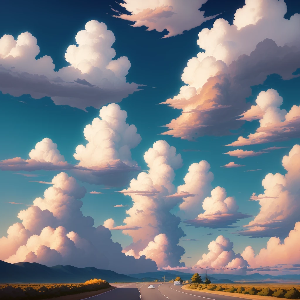 There is a car in the middle of the road, anime clouds, inspired by RHADS, beautiful fluffy clouds. Anime, Big Cloud, Revel !!!, Huge Cloud, by RHADS, Binge! , Concept Art | RADS, RHADS and Lois van Baarle, Beautiful Clouds, Makoto Shinkai Cyril Rolando, Big Cloud