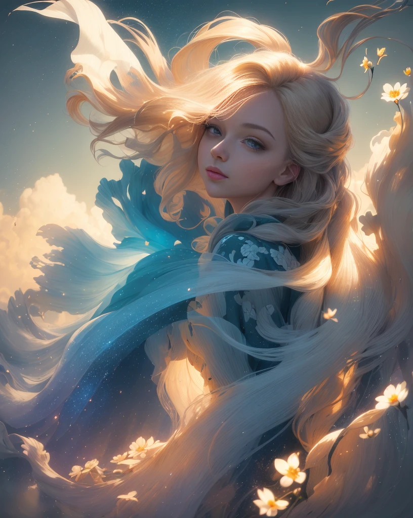 (best quality, masterpiece), young woman, pose, particle, wind, flower, upper body, simple background, looking at viewer, long curly windblown blonde hair, galaxy,backlit,rimlight,beautiful artwork,perfect composition