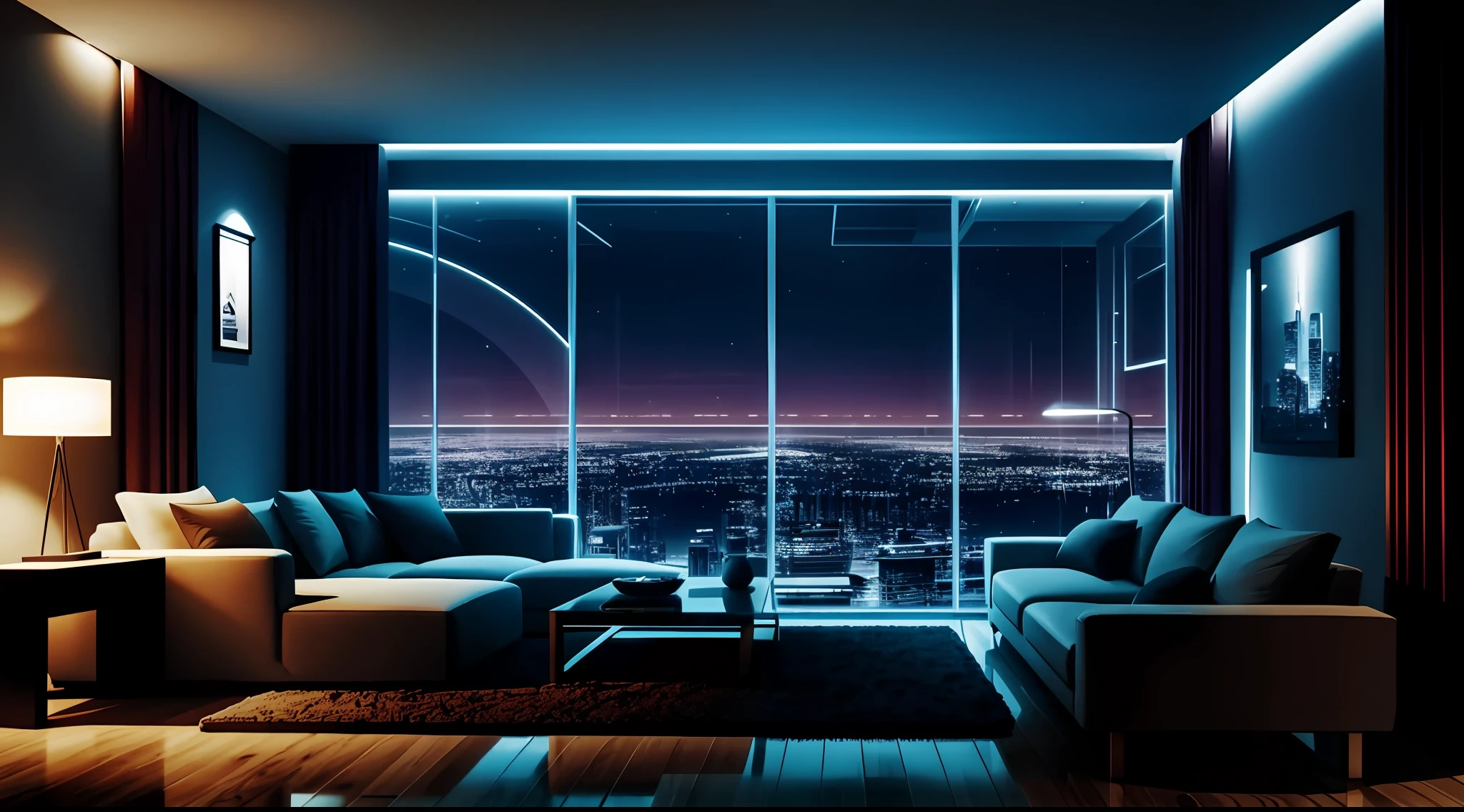 photo of a cozy futuristic living room, low light, after hours