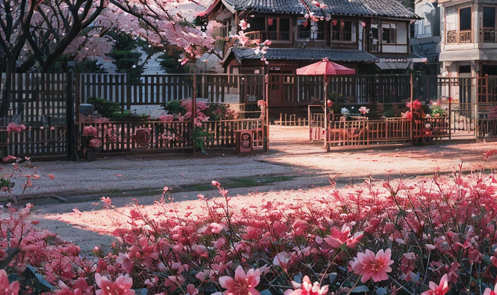 tragedy in a sakura's garden,red sunset,post apocalypse,authentic landscape,intricate details, extremely detailed, cinematic style, slate grey blue atmosphere,drama, dramatic light, Alayna Lemmer, Iryna Yermolova,Todd Schorr