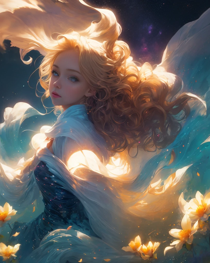 (best quality, masterpiece), young woman, pose, particle, wind, flower, upper body, simple background, looking at viewer, long curly windblown blonde hair, galaxy,backlit,rimlight,beautiful artwork,perfect composition