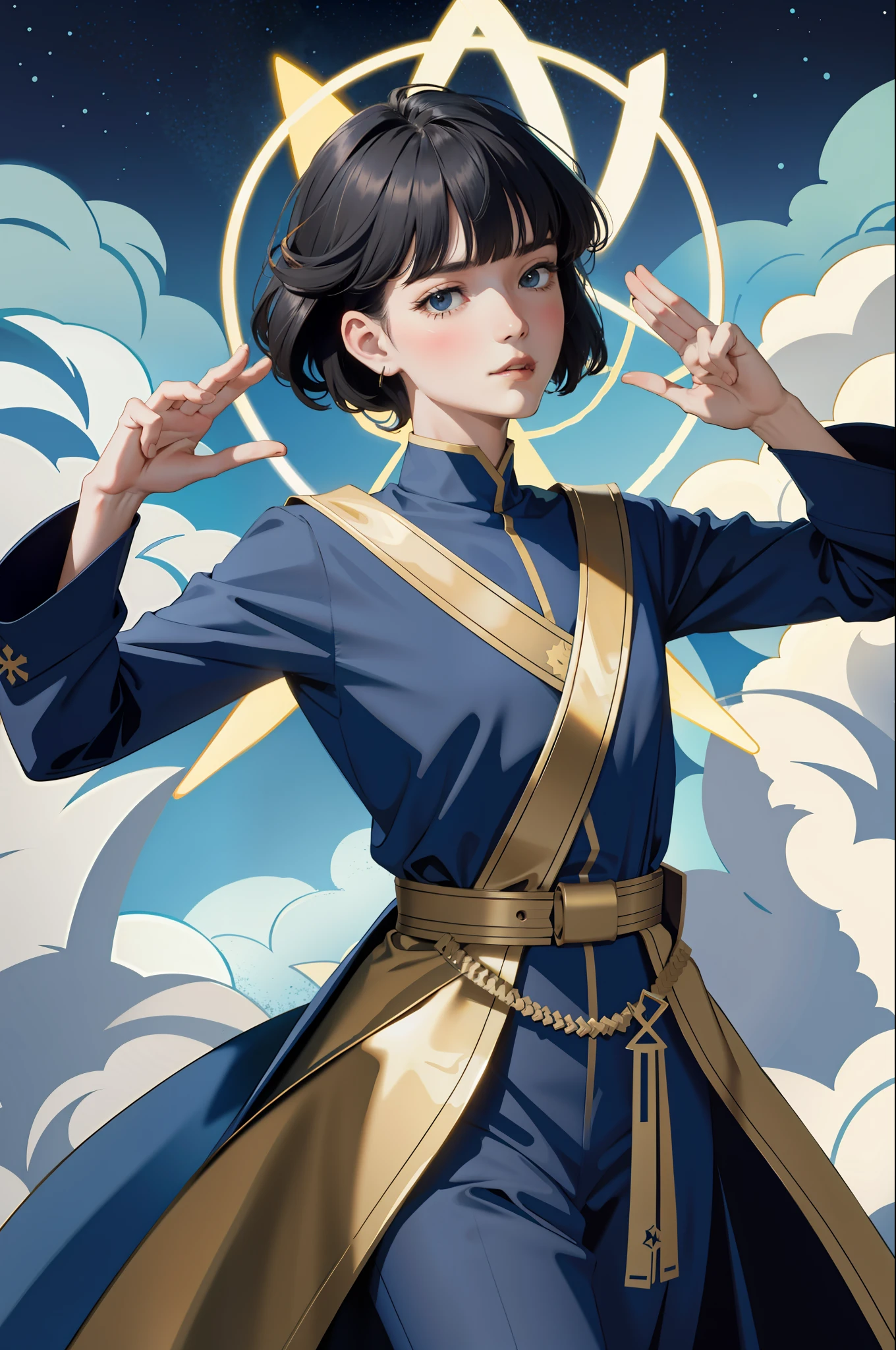 Tarot cards, hands folded, Vulcan salute, attention, halo behind the head,