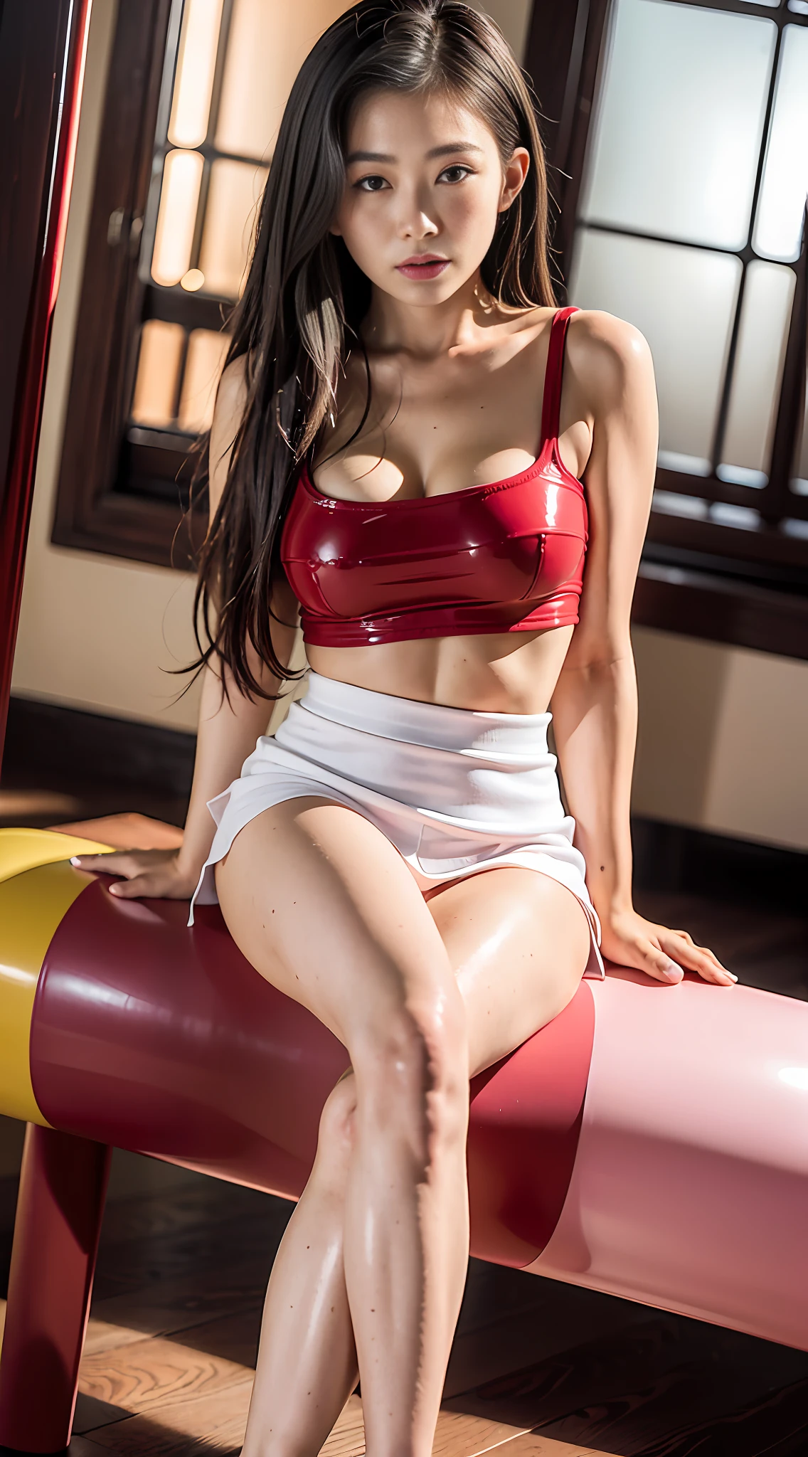 ((small cute breast, cute girl, small head)), daylight, sunlight, curvy(perfect body : 1.1), (young filipina girl), (long straight messy hair : 1.2) , full body shot, seashore, ((wearing a white see-through tight wet tube crop top)), ((miniskirt)), (extremely detailed CG 8k wallpaper), (an extremely delicate and beautiful), (masterpiece), (best quality:1.0), (ultra highres:1.0), beautiful lighting ,stiff nipple, cameltoe, perfect lightning,pulling skirt, realistic shadows, [highres], detailed skin, ultra-detailed, spread thigh, one leg up, sitting on the floor, black thighhigh, red high heels,thic thighs, (((colorful))), (loosely worn top), beauty mark, angle from below