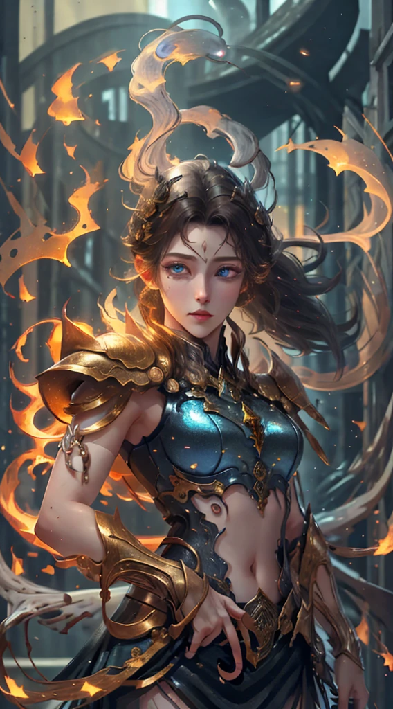 8k, complex, elegant, highly detailed, majestic, digital photography, denim lens, surrealist painting, broken glass, beating magic, (masterpiece, side light, fine beautiful eyes: 1.2), HDR, void 5 energy lightning storm, asian girl, black eyes, pale skin, delicate face, black hair, wearing palatial battle armor, bare shoulders, navel, short skirt, fine metal armor, raining, beautiful, facing the audience, facing the camera, masterpiece, upper body,