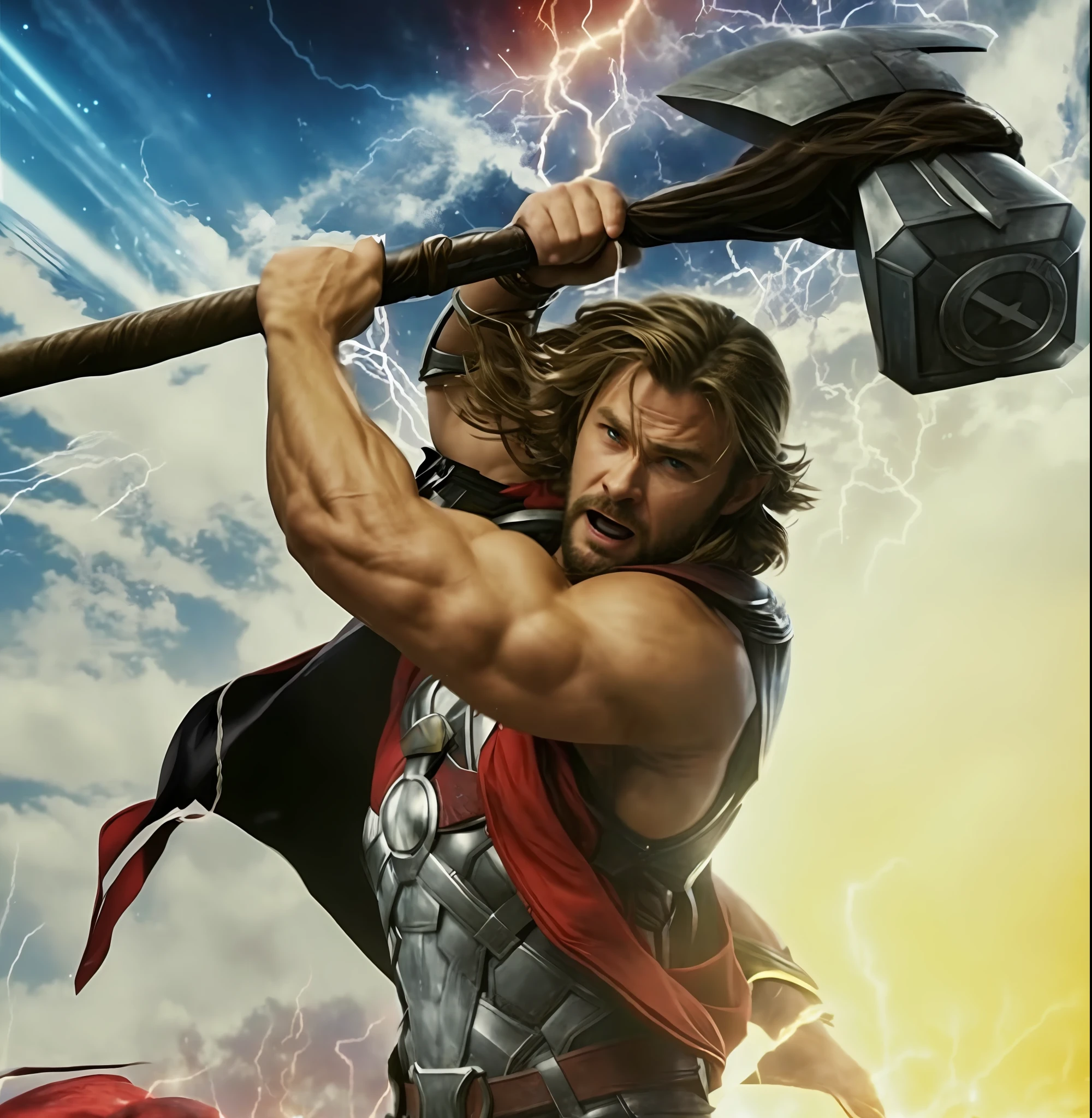 Chris Hemsworth, Thor, metallic armor, God of thunder, expression of fury.