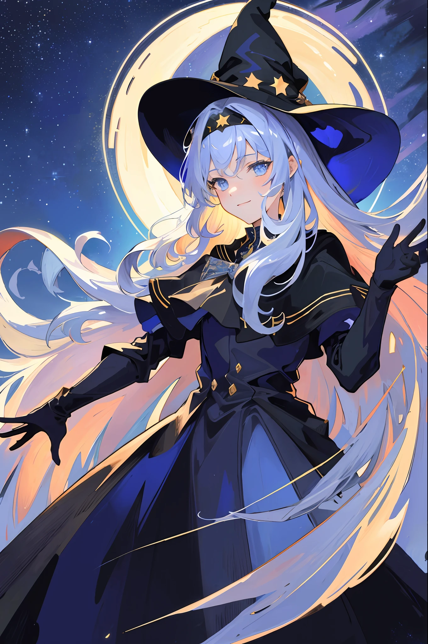 ((masterpiece:1.2, best quality)), 1girl, solo, (witch hat), blonde, long hair, skirt, aurora, night, stars (sky), gloves, sky, white skirt, night sky, mouth open, starry sky, blue Eyes, Ribbons, Long Hair, Red Dress, Smile, Headband, Cape, Blue Hair, (Bird), Magic, Spellcasting, Dark Clouds, Night, (Impressionism: 1.4), (Tarot: 1.3), Alphonse Mucha,