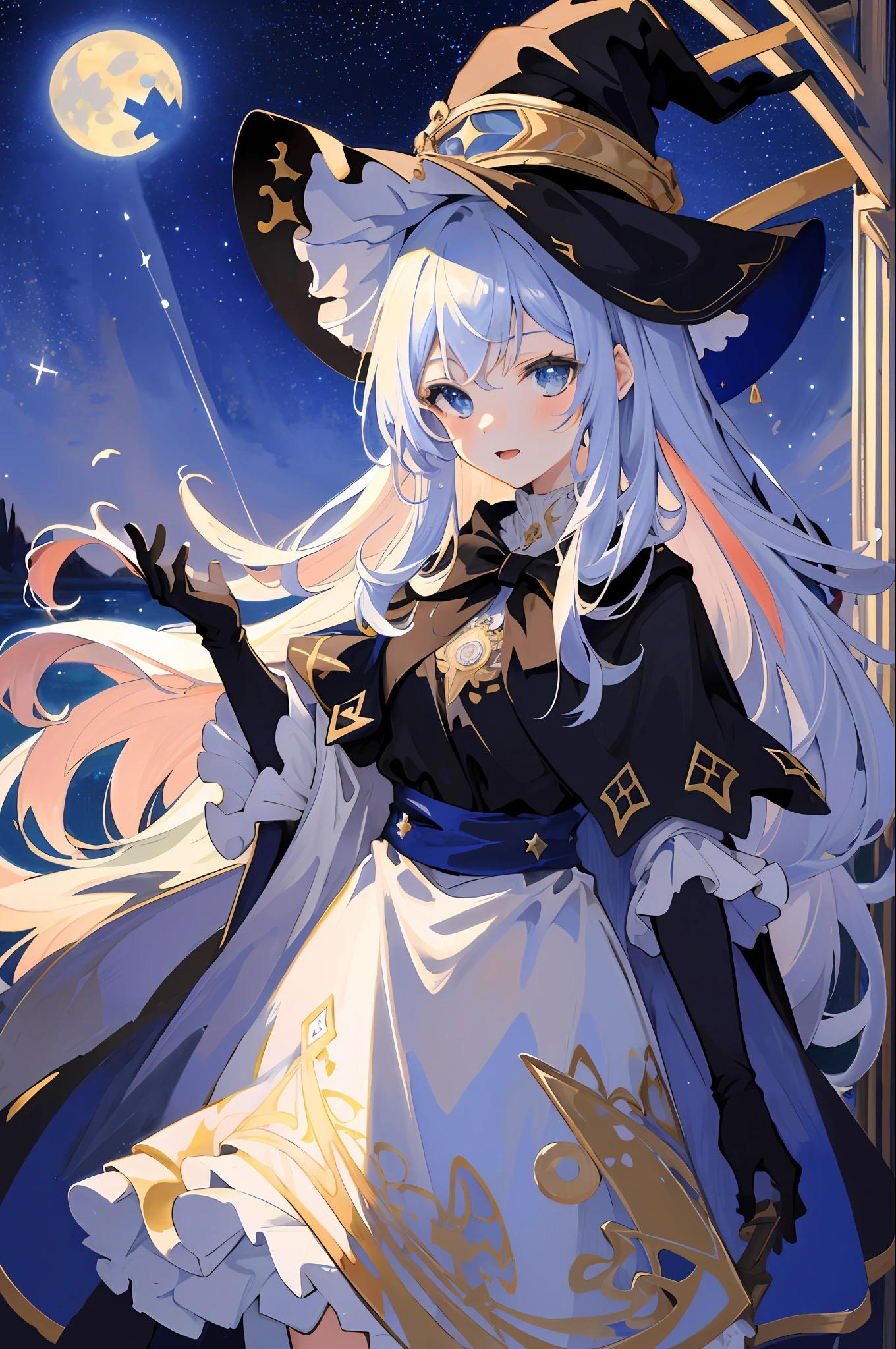 ((masterpiece:1.2, best quality)), 1girl, solo, (witch hat), blonde, long hair, skirt, aurora, night, stars (sky), gloves, sky, white skirt, night sky, mouth open, starry sky, blue Eyes, Ribbons, Long Hair, Red Dress, Smile, Headband, Cape, Blue Hair, (Bird), Magic, Spellcasting, Dark Clouds, Night, (Impressionism: 1.4), (Tarot: 1.3), Alphonse Mucha,