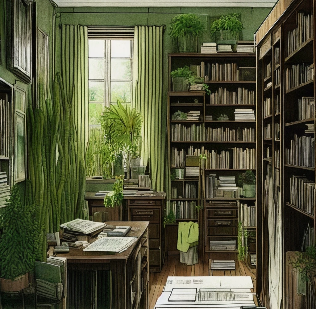 A home office livingroom with bookshelf and plants, picture frame above the couch, plant, indoors, no humans, couch, potted plant, pillow, clock, book, scenery, picture (object), wooden floor, window, shelf, signature, table, rug, picture frame, cushion, photo (object), leaf