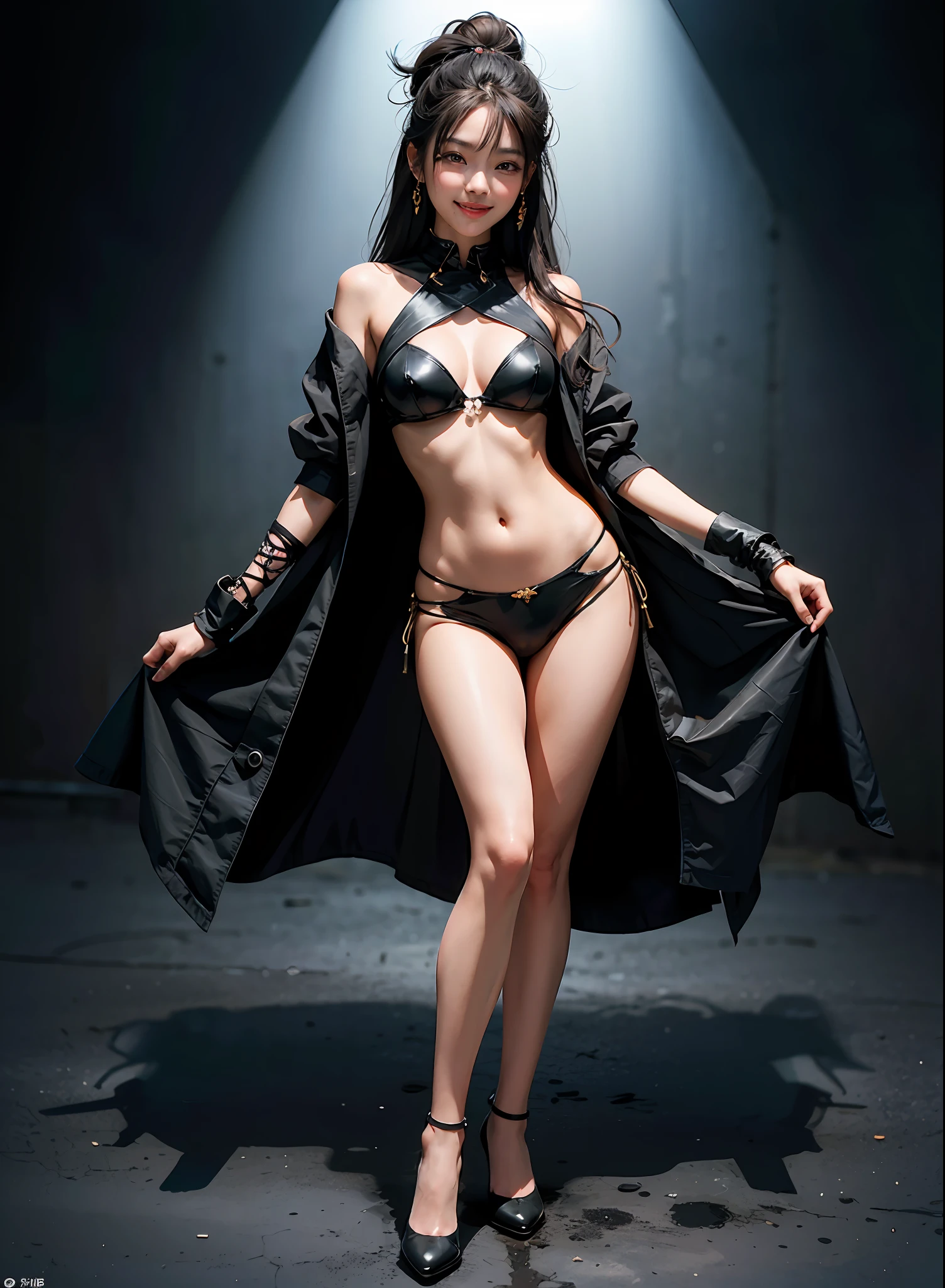 Full Body Shop, (Best Quality, Korean Girl, Smile, Sexy Body, Official Art),{Fashion Show},{Lookbook}, (Desirable, Desired Smile), Unity 8K Wallpapers, Very detailed, Beautiful and aesthetic, Professional lighting, (AF-S nikkor 58mm f/ shot 1.4G lens, top shadows),Evil smile,