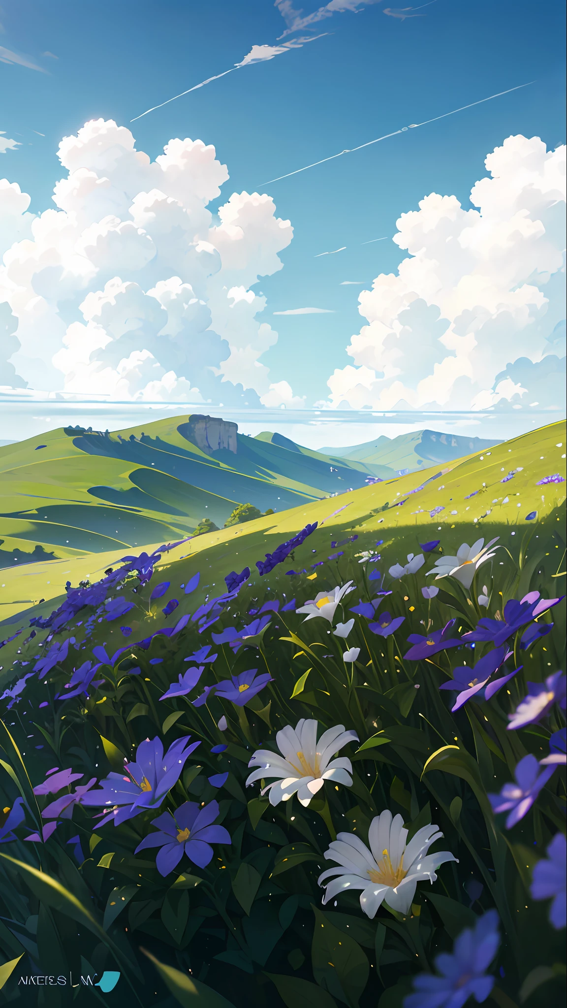 Summer, meadows, a few small flowers, heavenly views, large clouds, blue skies, hot weather, HD detail, wet watermarks, hyper-detail, cinematic, surrealism, soft light, deep field focus bokeh, ray tracing, and surrealism. --v6