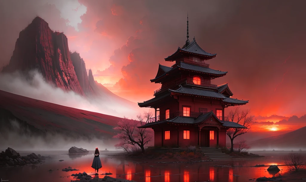 tragedy in a sakura's garden,red sunset,post apocalypse,authentic landscape,intricate details, extremely detailed, cinematic style, slate grey blue atmosphere,drama, dramatic light, Alayna Lemmer, Iryna Yermolova,Todd Schorr