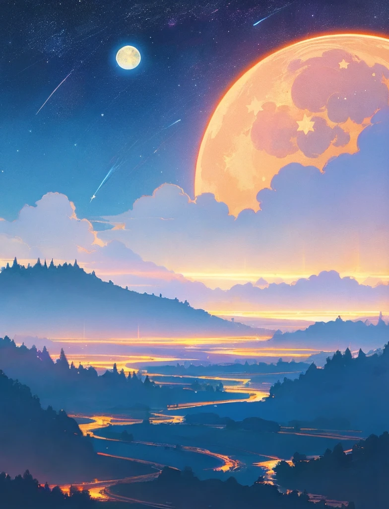 A painting of a river with stars and moon in the sky, concept art inspired by Tosa Mitsuoki, pixiv contest winner, best quality, fantasy art, beautiful anime scene, a bright moon, moonlit starry environment, dream painting, Anime Background Art, Fantasy Landscape Art, Fantasy Night, Anime Background, Background Artwork, Fantastic Art, Atmospheric Anime, Starry Sky, Detail Enhanced.