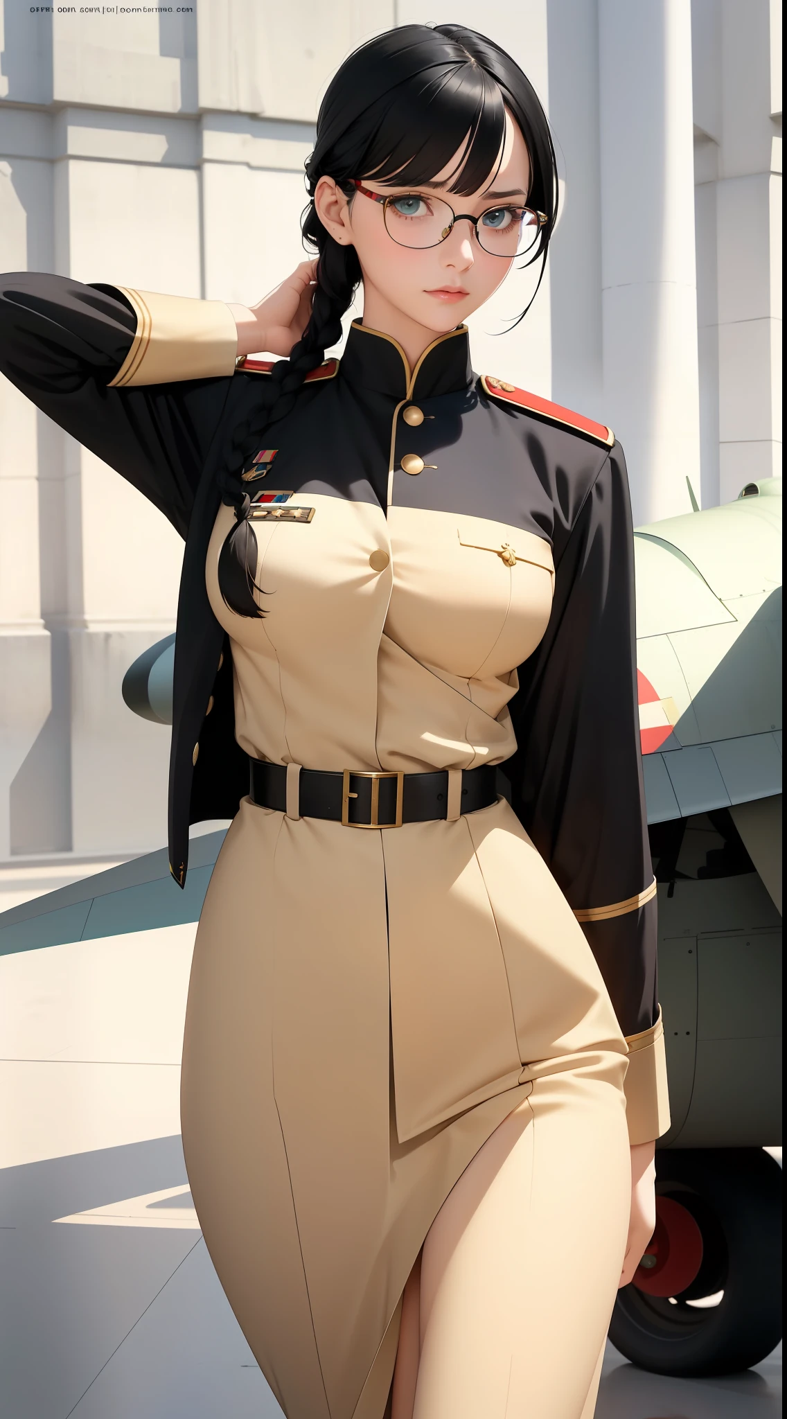 Modest outfit, remote shot, detailed beautiful delicate face, detailed beautiful delicate eyes, perfect facial proportions, high-definition skin, fine skin, four-inch best ratio. With one thumb, a masterpiece, highly detailed, realistic, (World War II German general uniform reference : 1.8), the highest face resolution, adult, modestly dressed woman, dressed entirely, ( small, black hair, black straight bangs, super fine braids, straight bangs, red glasses, dark green eyes), future, science fiction, fighter plane, standing On the landing of a fighter plane, the government agency, a deep intelligent personality, a calm expression, a respectful face, a war, a fighter plane