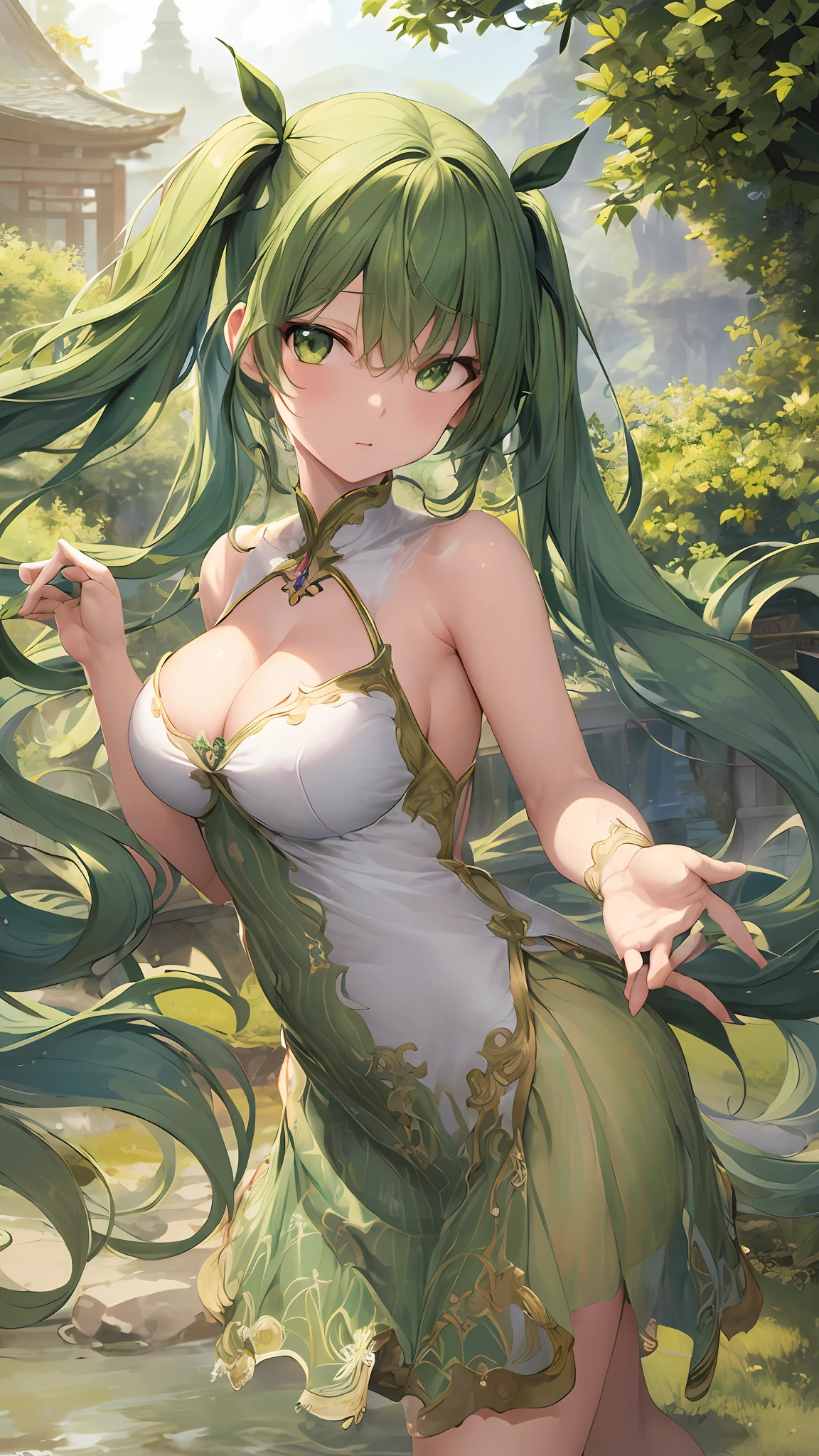 (((masterpiece))),(((bestquality))),((ultra-detailed)),(illustration),((anextremelydelicateandbeautiful)),dynamicangle,floating,(beautifuldetailedeyes),(detailedlight) (1girl), solo , floating_hair,glowingeyes,green hair,greeneyes, twintails, halterdress, atdan, 绿色背景,全身比例构图