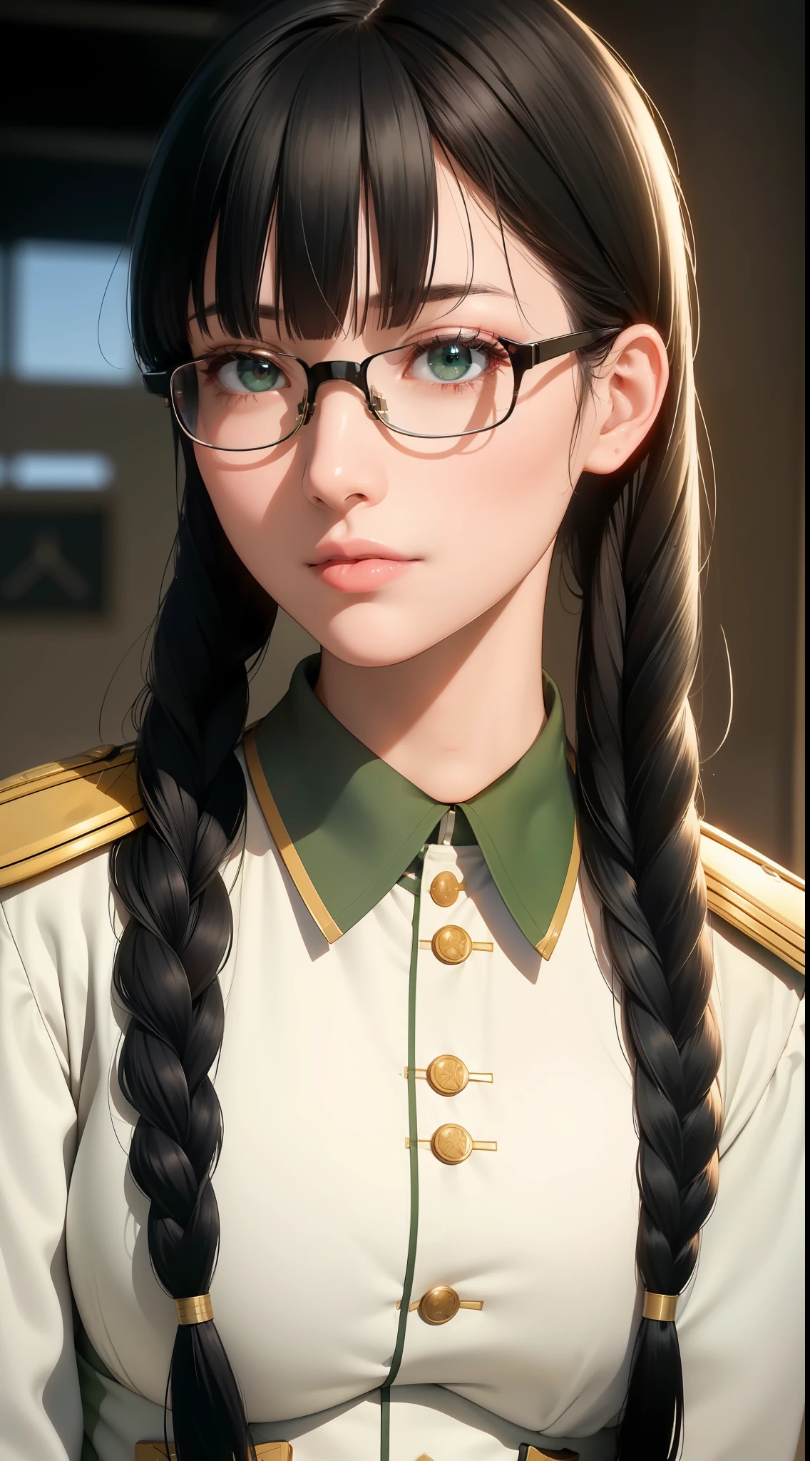 Modest outfit, remote shot, detailed beautiful delicate face, detailed beautiful delicate eyes, perfect facial proportions, high-definition skin, fine skin, four-inch best ratio. With one thumb, a masterpiece, highly detailed, realistic, (World War II German general uniform reference : 1.8), the highest face resolution, adult, modestly dressed woman, dressed entirely, ( small, black hair, black straight bangs, super fine braids, straight bangs, red glasses, dark green eyes), future, science fiction, fighter plane, standing On the landing of a fighter plane, the government agency, a deep intelligent personality, a calm expression, a respectful face, a war, a fighter plane