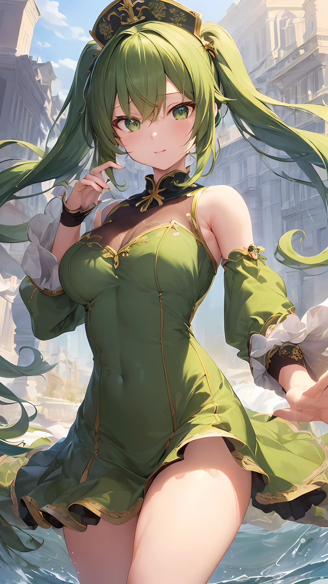 (((masterpiece))),(((bestquality))),((ultra-detailed)),(illustration),((anextremelydelicateandbeautiful)),dynamicangle,floating,(beautifuldetailedeyes),(detailedlight) (1girl), solo , floating_hair,glowingeyes,green hair,greeneyes, twintails, halterdress, atdan, 绿色背景,全身比例构图